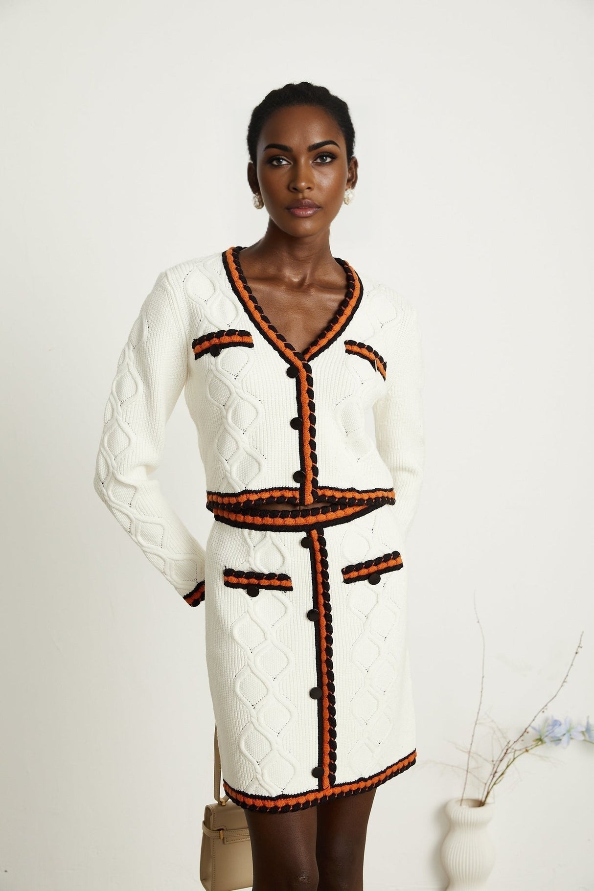 Elizabeth Cardigan & Skirt - V Neck - Long Sleeves - Knitted Construction - Contrasting Trim