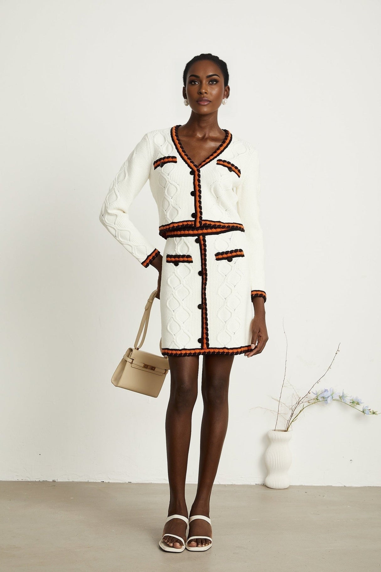 Elizabeth Cardigan & Skirt - V Neck - Long Sleeves - Knitted Construction - Contrasting Trim