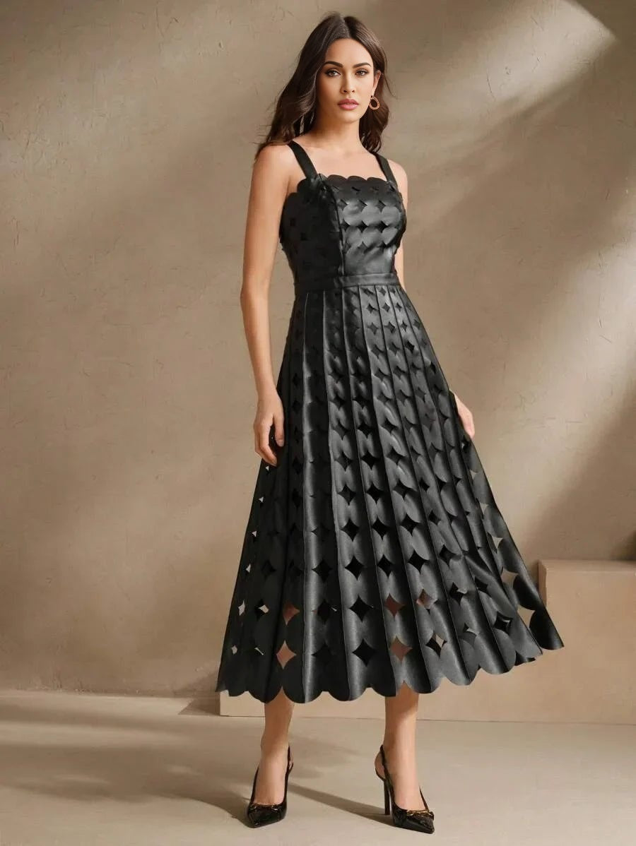 Elizabeth Midi Dress - Spaghetti Strap - Formal & Evening - Straight Hem - Natural Waist - Plants Print