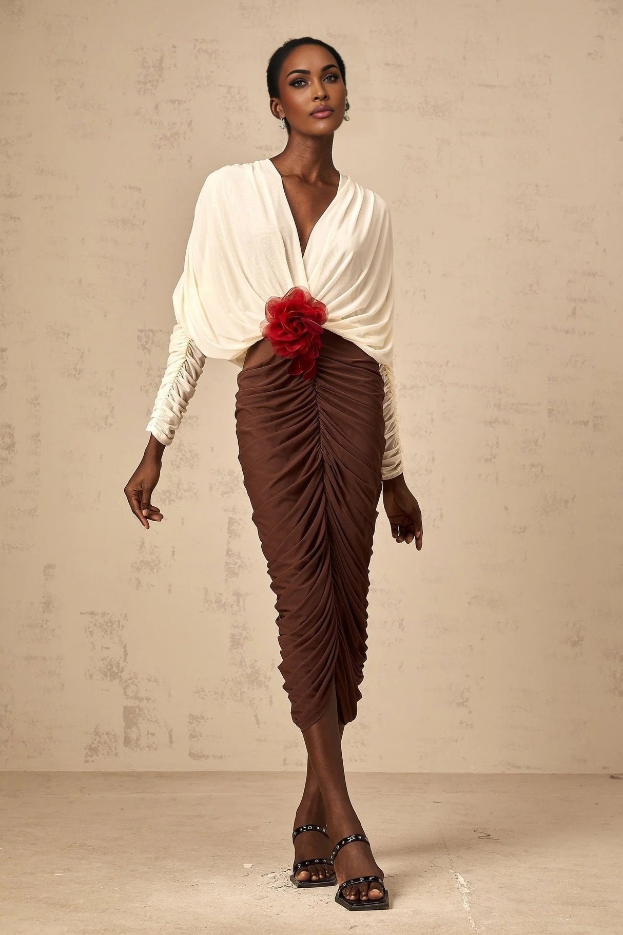 Elizabeth Midi Dress White Red Brown Color Blocked Flower Brooch Ruched