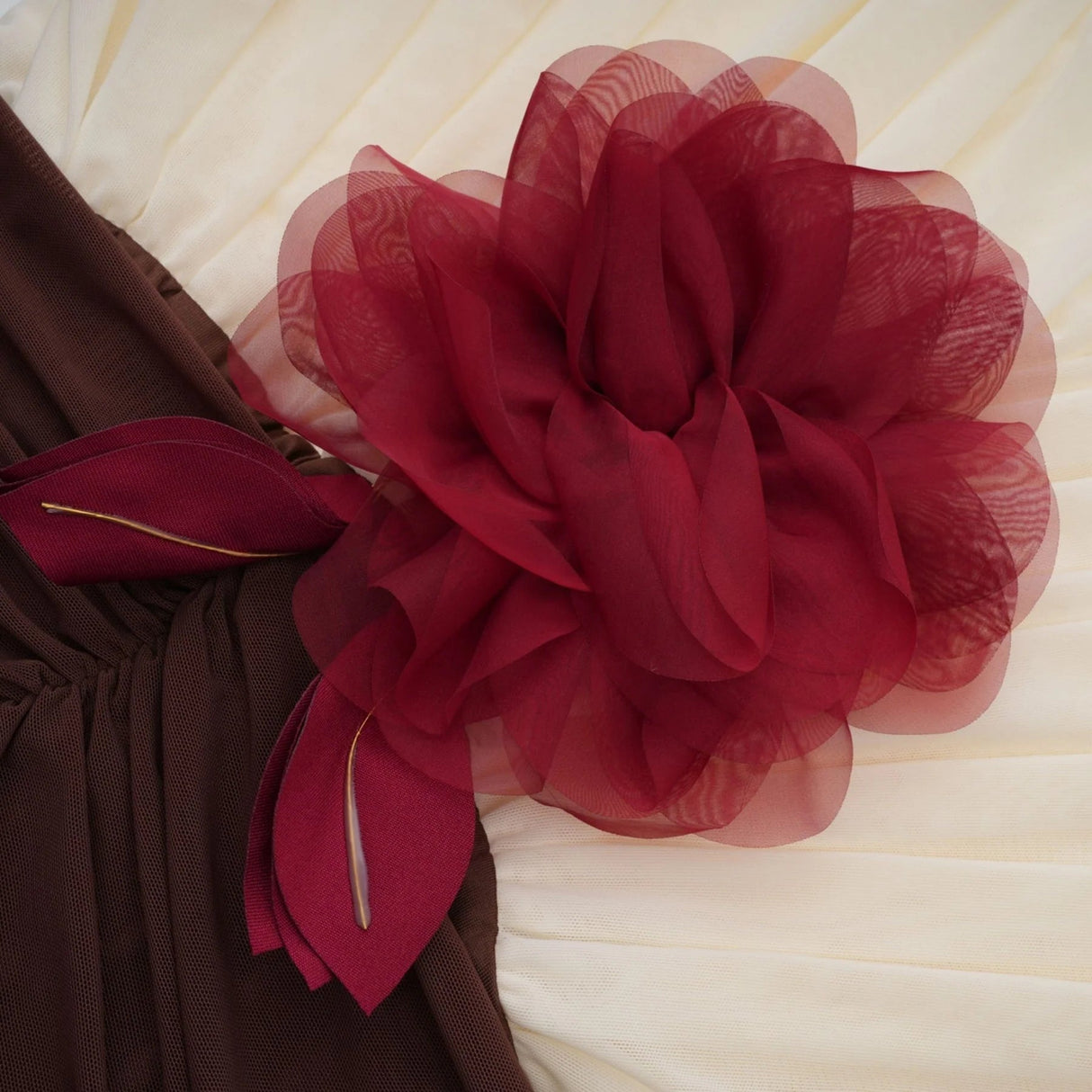 Elizabeth Midi Dress White Red Brown Color Blocked Flower Brooch Ruched