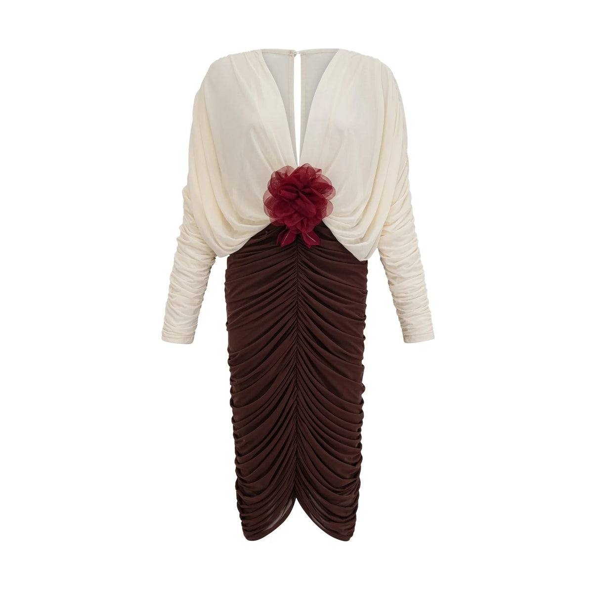 Elizabeth Midi Dress White Red Brown Color Blocked Flower Brooch Ruched