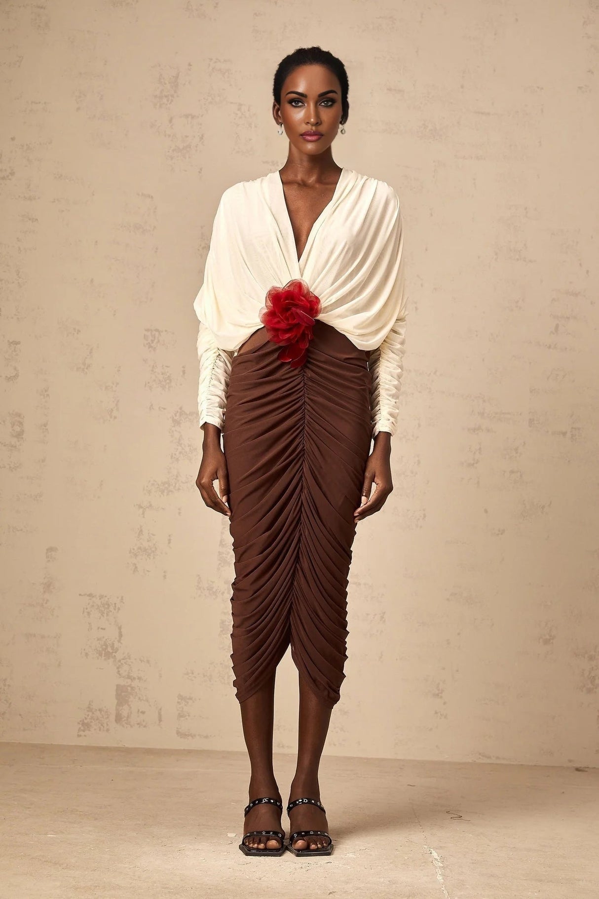 Elizabeth Midi Dress White Red Brown Color Blocked Flower Brooch Ruched