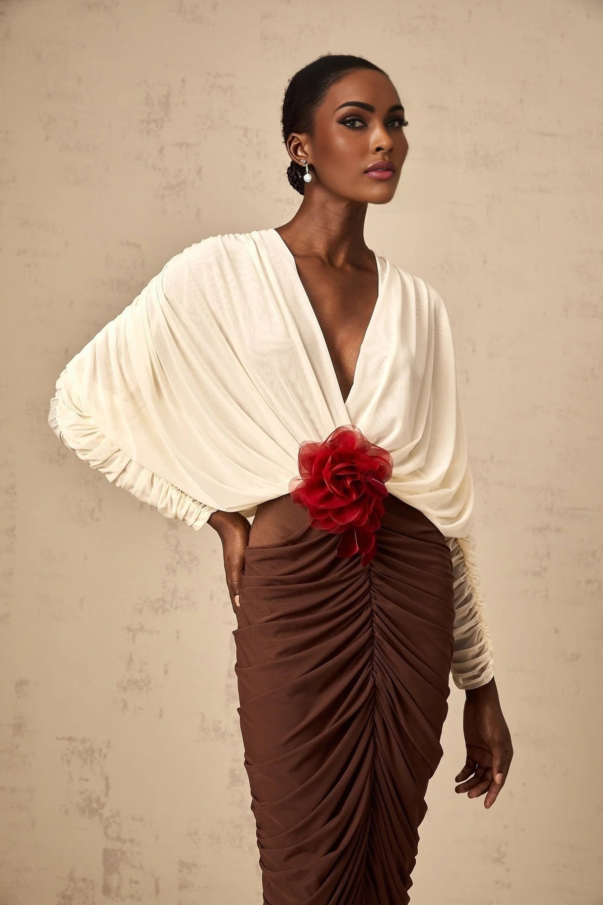 Elizabeth Midi Dress White Red Brown Color Blocked Flower Brooch Ruched