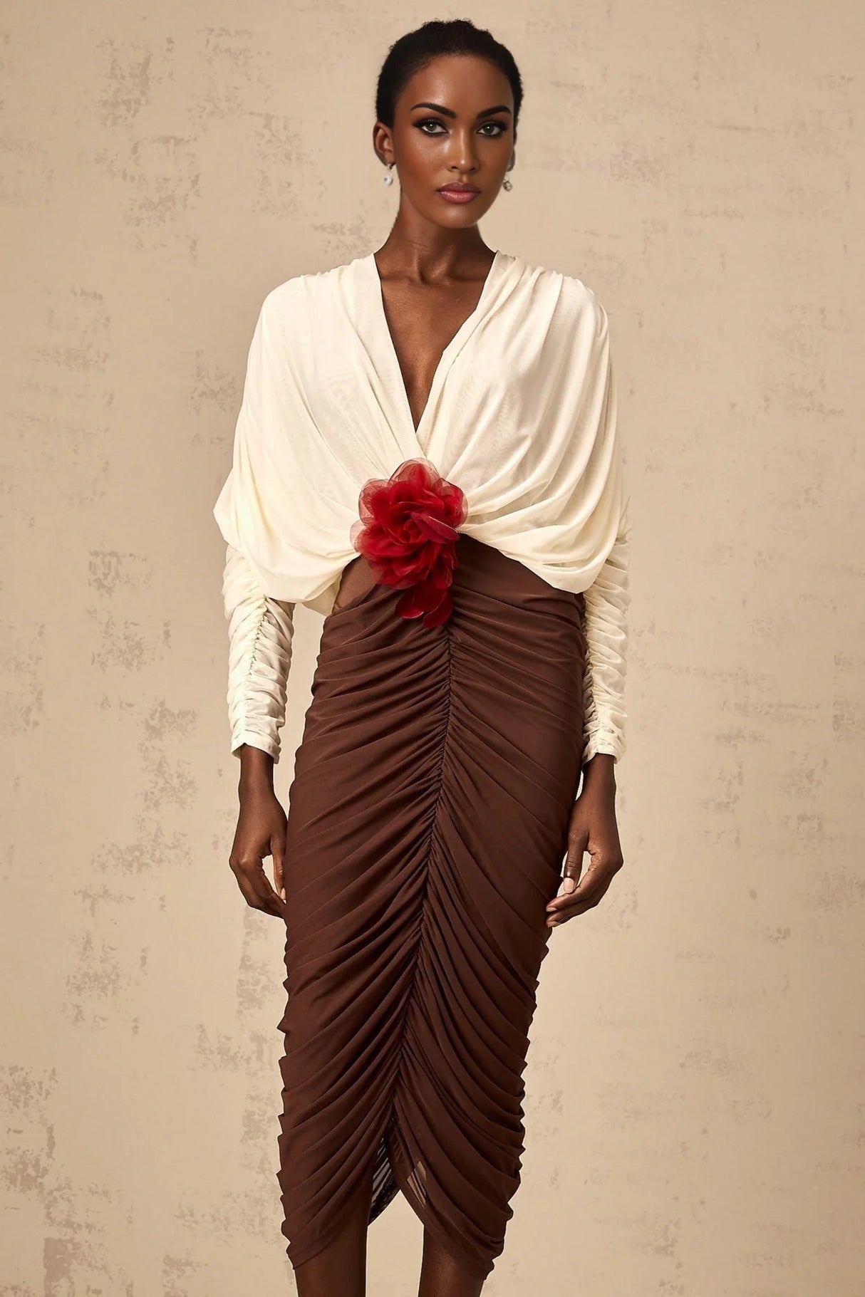 Elizabeth Midi Dress White Red Brown Color Blocked Flower Brooch Ruched