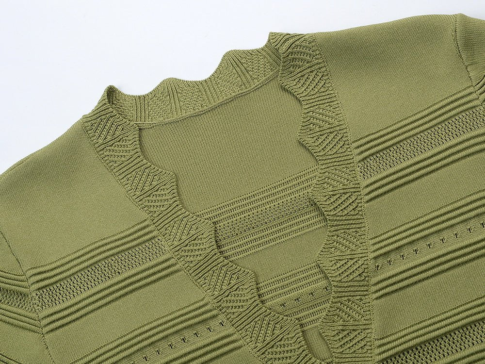 Ella Dress - A - Line Silhouette - Scalloped Neckline - Textured Striped Knitted Fabric - Decorative Button Detail