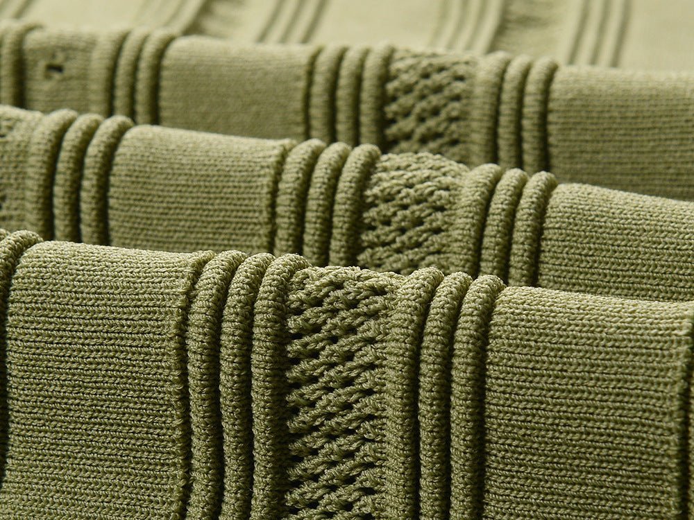 Ella Dress - A - Line Silhouette - Scalloped Neckline - Textured Striped Knitted Fabric - Decorative Button Detail