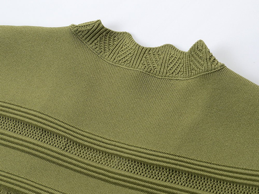 Ella Dress - A - Line Silhouette - Scalloped Neckline - Textured Striped Knitted Fabric - Decorative Button Detail