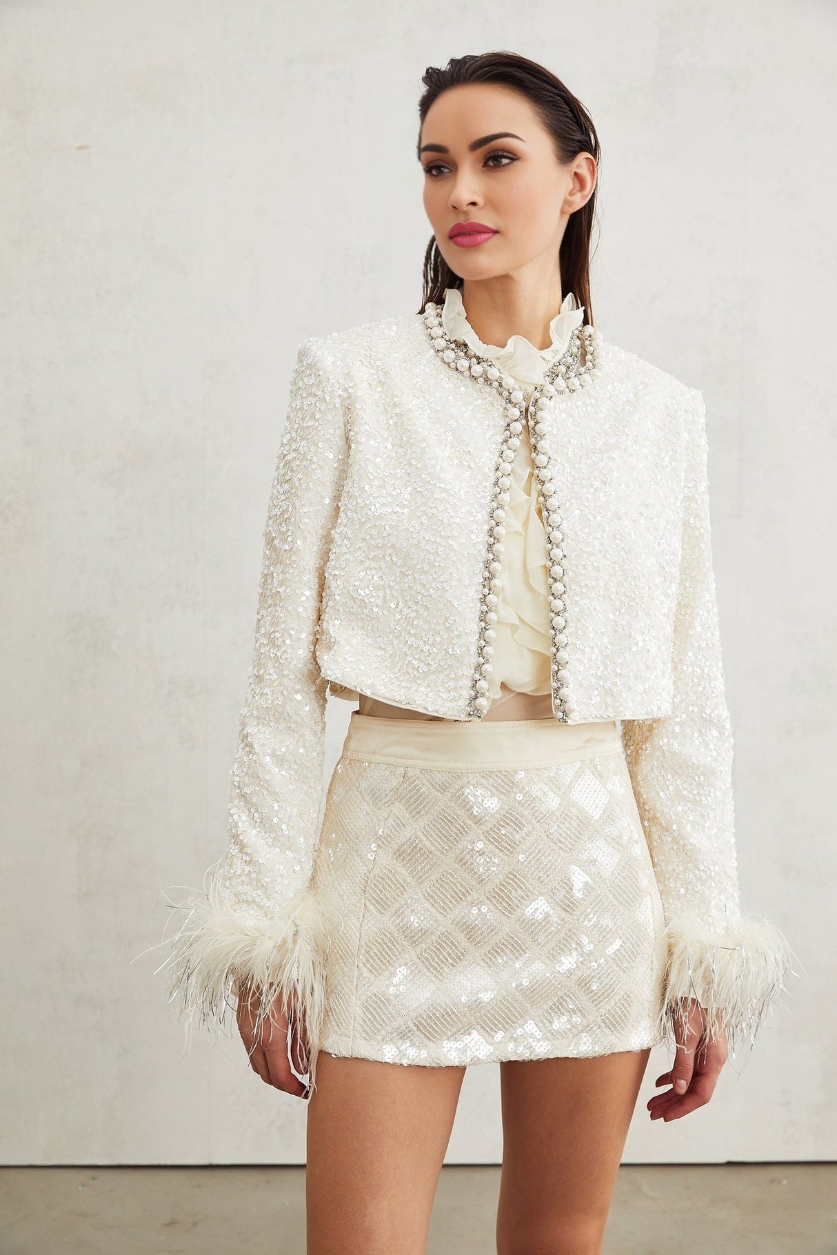 Ella Jacket - Round Neck - Long Sleeves - Tassel Cuffs - Faux - Pearl & Sequin Embellishment