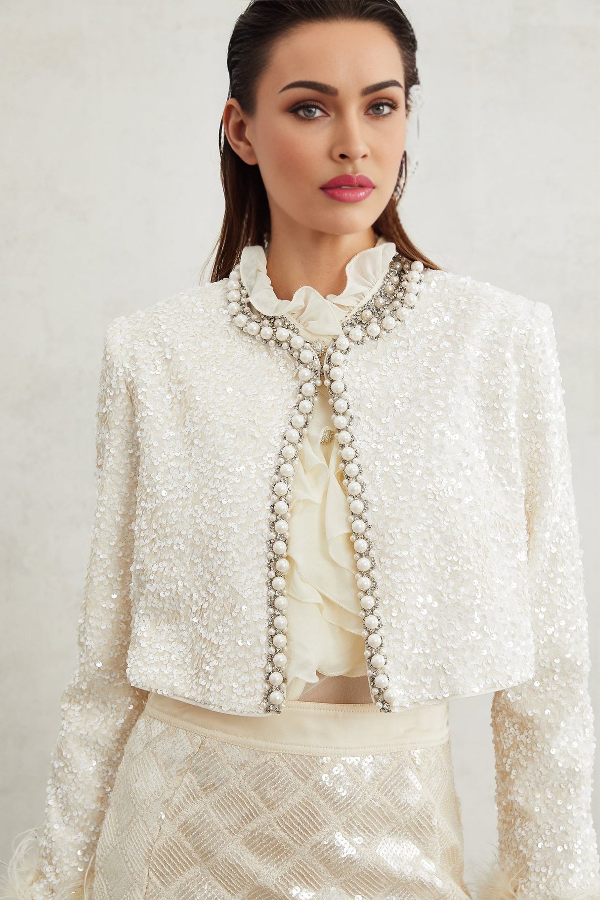 Ella Jacket - Round Neck - Long Sleeves - Tassel Cuffs - Faux - Pearl & Sequin Embellishment