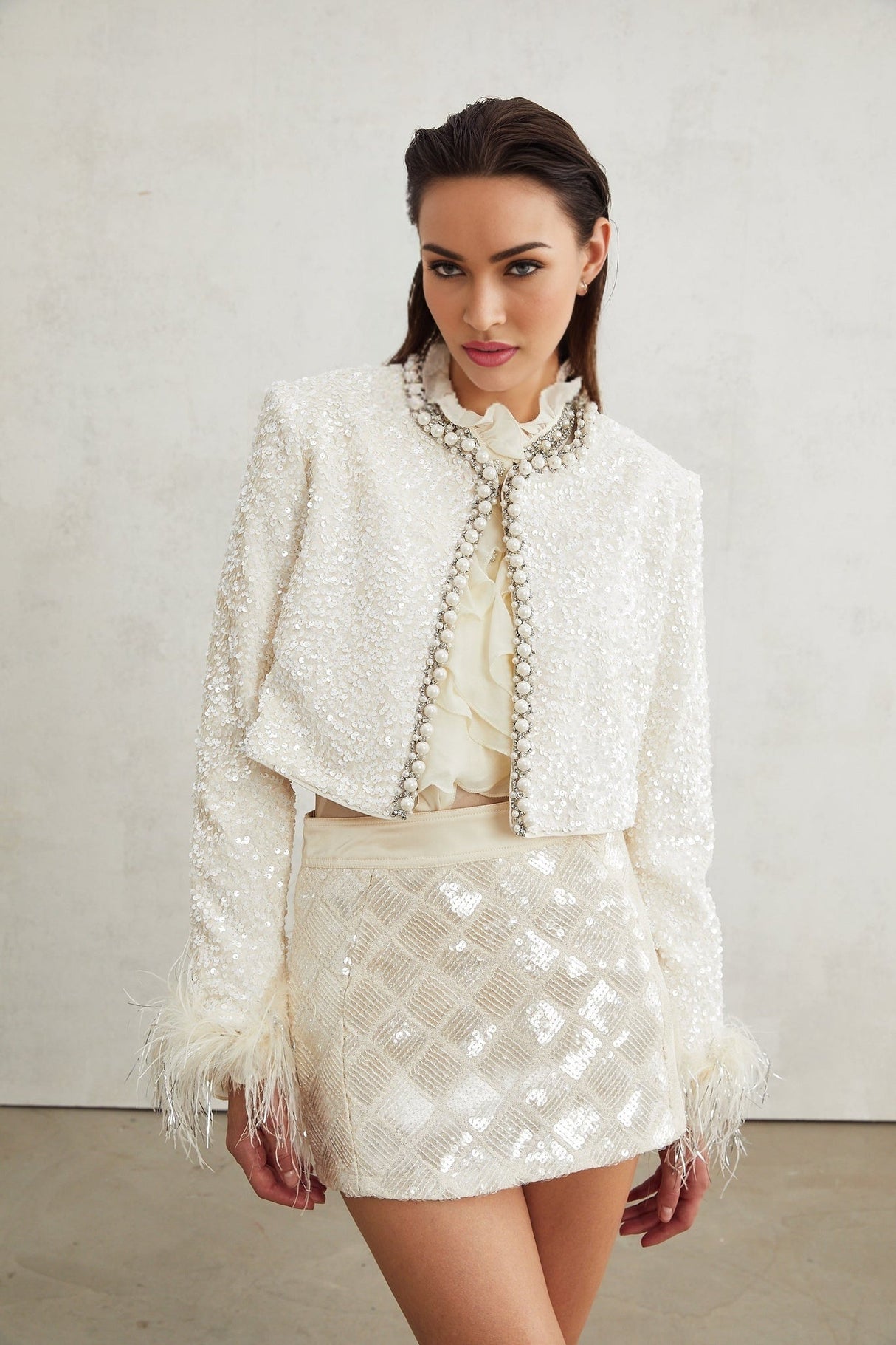 Ella Jacket - Round Neck - Long Sleeves - Tassel Cuffs - Faux - Pearl & Sequin Embellishment