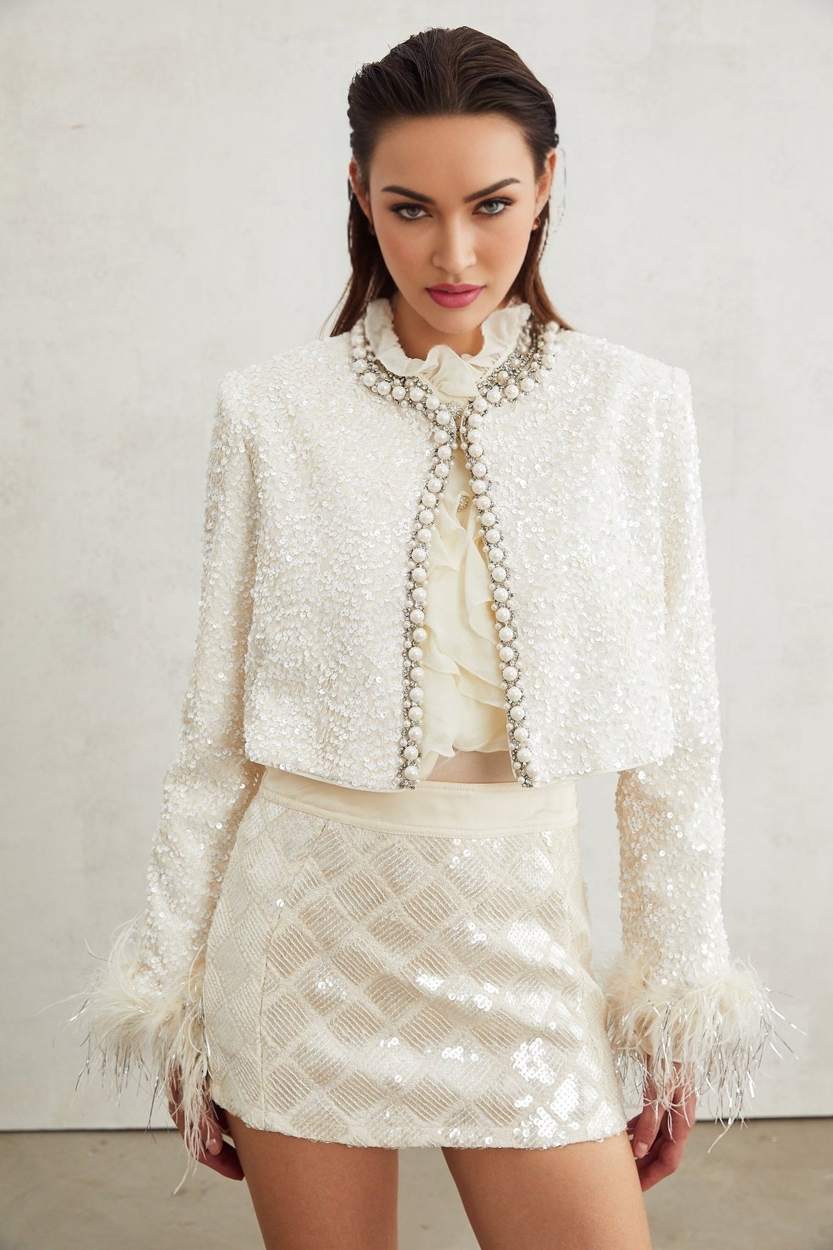 Ella Jacket - Round Neck - Long Sleeves - Tassel Cuffs - Faux - Pearl & Sequin Embellishment