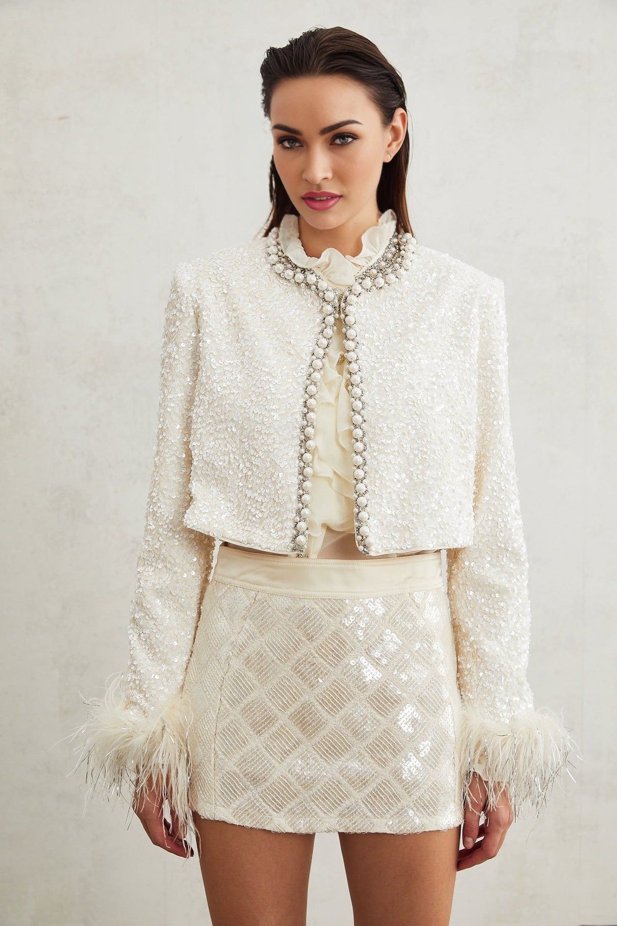 Ella Jacket - Round Neck - Long Sleeves - Tassel Cuffs - Faux - Pearl & Sequin Embellishment