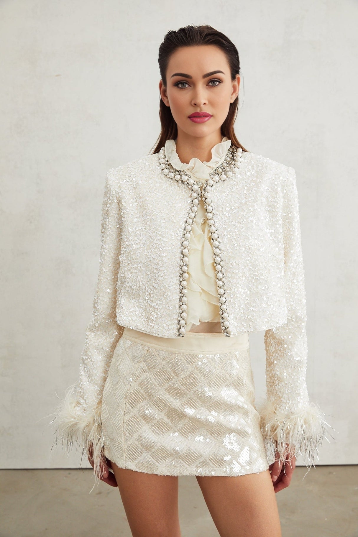 Ella Jacket - Round Neck - Long Sleeves - Tassel Cuffs - Faux - Pearl & Sequin Embellishment