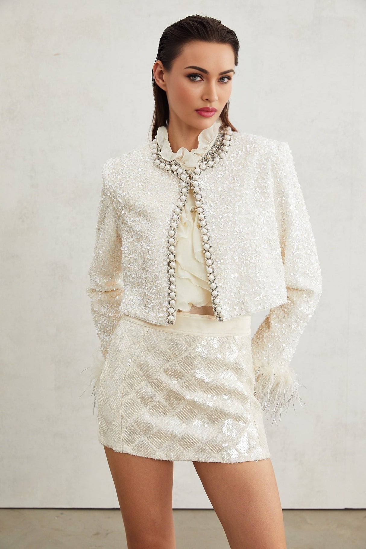 Ella Jacket - Round Neck - Long Sleeves - Tassel Cuffs - Faux - Pearl & Sequin Embellishment