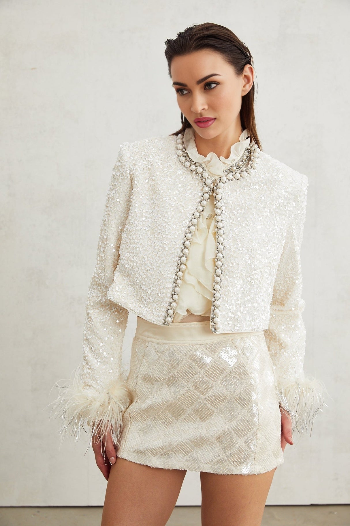 Ella Jacket - Round Neck - Long Sleeves - Tassel Cuffs - Faux - Pearl & Sequin Embellishment