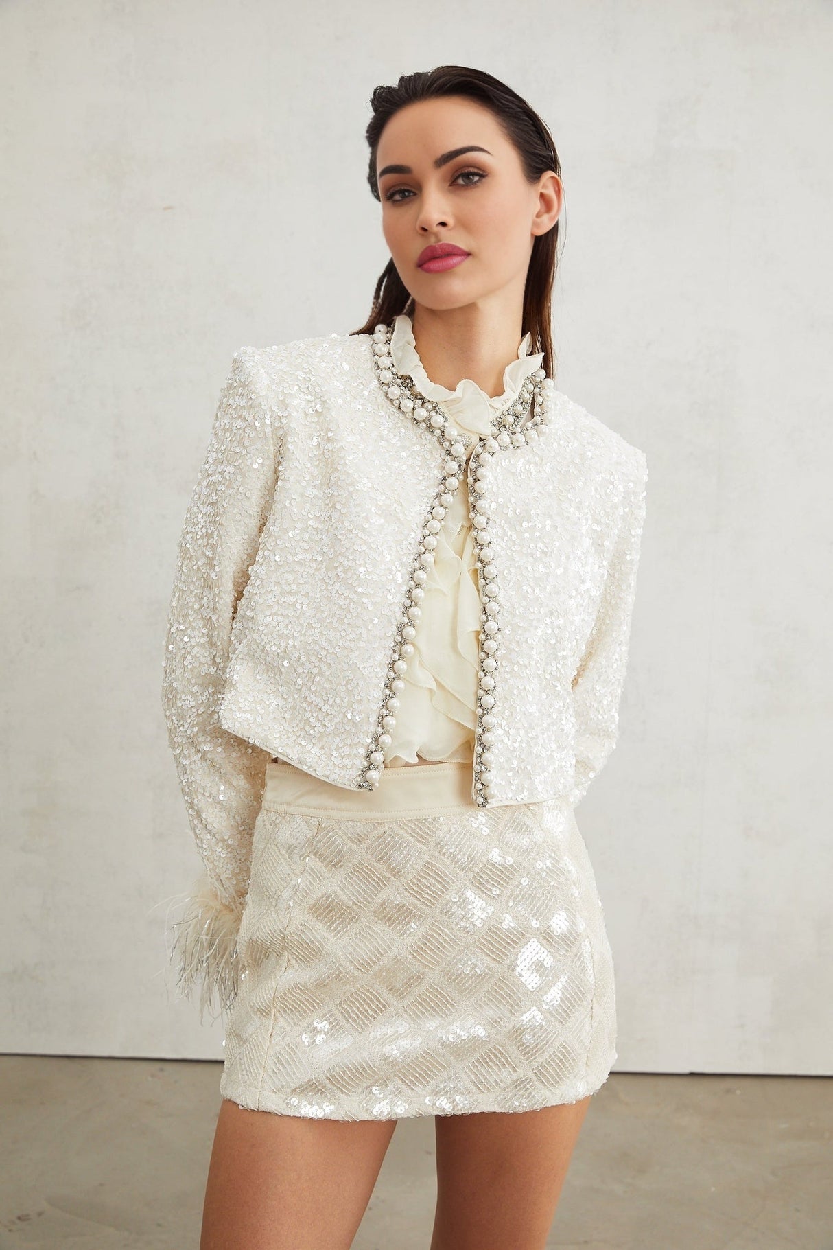 Ella Jacket - Round Neck - Long Sleeves - Tassel Cuffs - Faux - Pearl & Sequin Embellishment