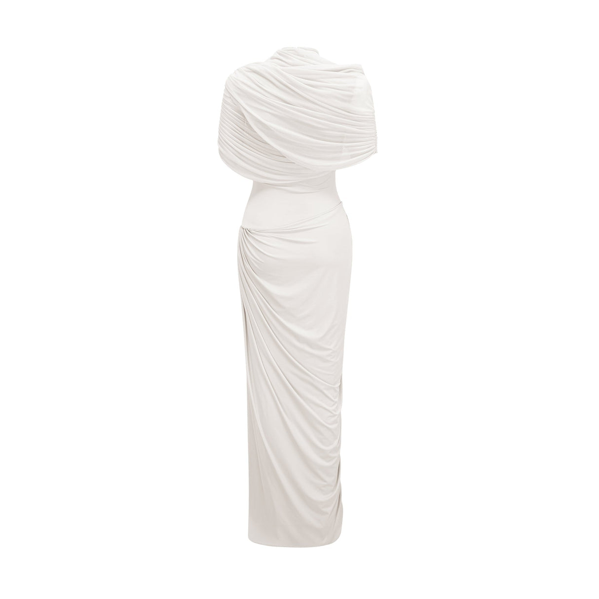 Ella Maxi Dress - Sleeveless Asymmetric Cut - Pleated Design - Shawl Feature - Floor Length