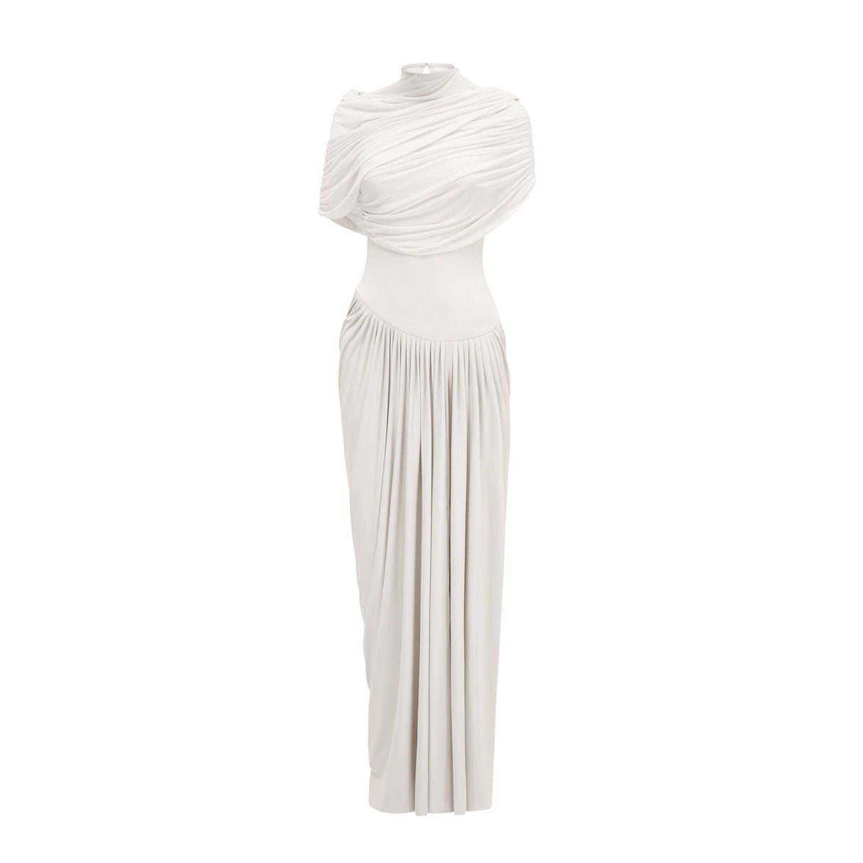 Ella Maxi Dress - Sleeveless Asymmetric Cut - Pleated Design - Shawl Feature - Floor Length