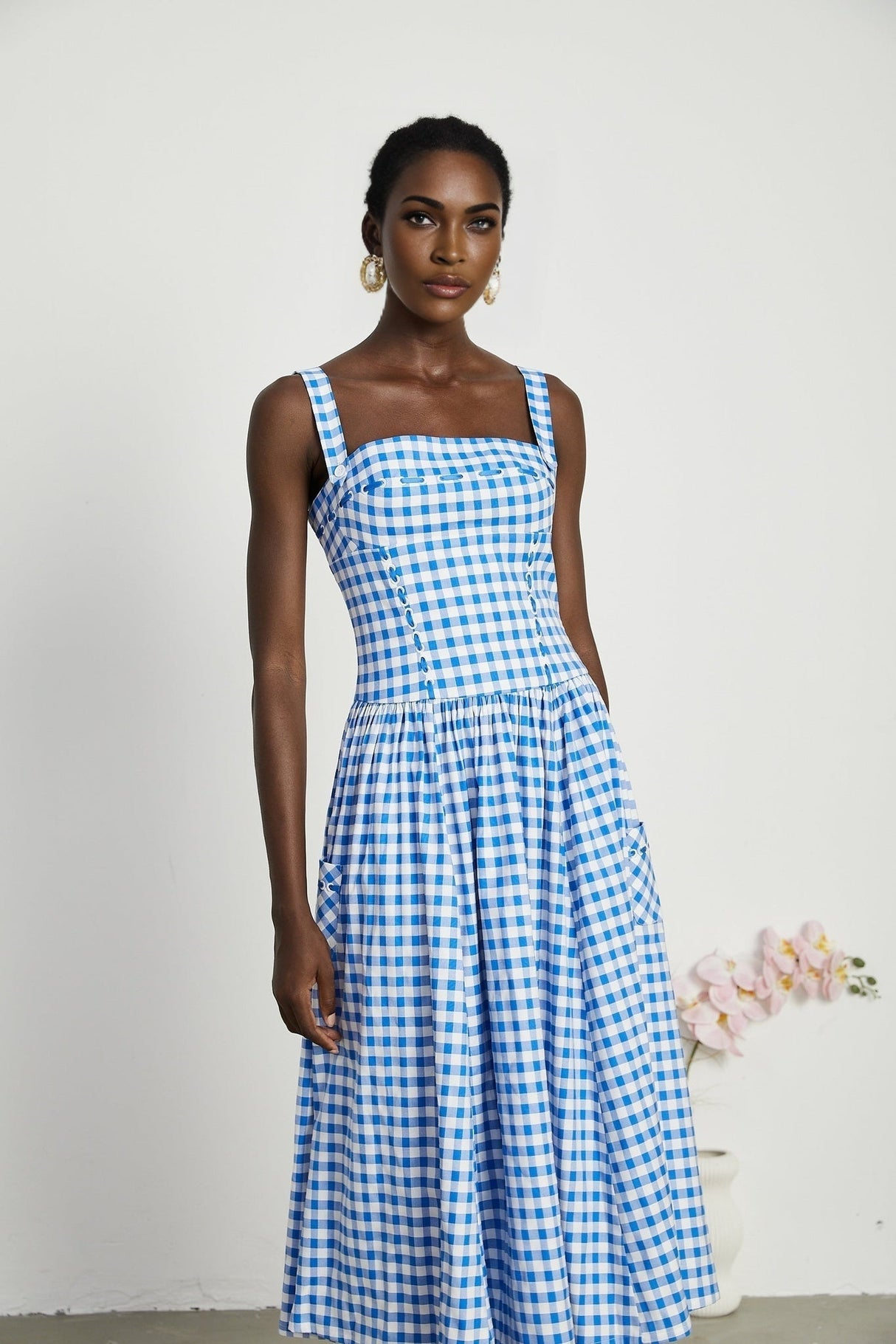 Ella Midi Dress - Square Neck - Gingham Print - Ribbon Detailing - Welt Pockets - Rear Zip