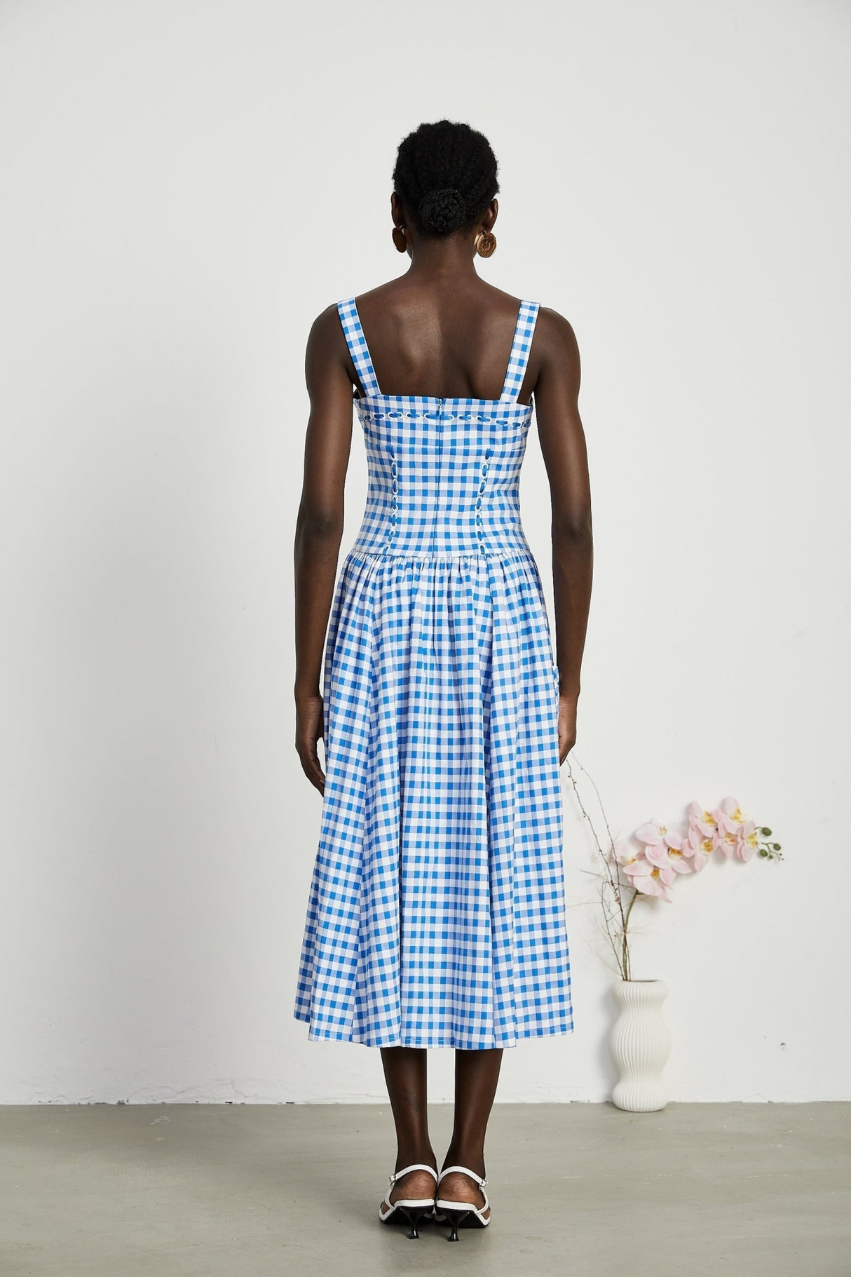 Ella Midi Dress - Square Neck - Gingham Print - Ribbon Detailing - Welt Pockets - Rear Zip