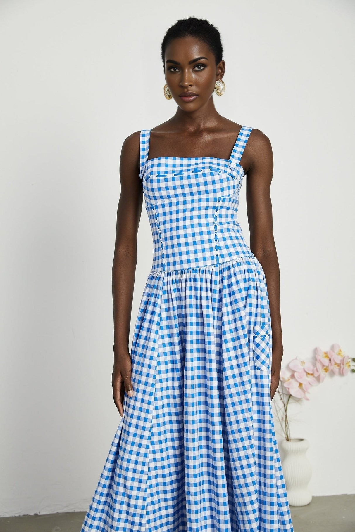 Ella Midi Dress - Square Neck - Gingham Print - Ribbon Detailing - Welt Pockets - Rear Zip