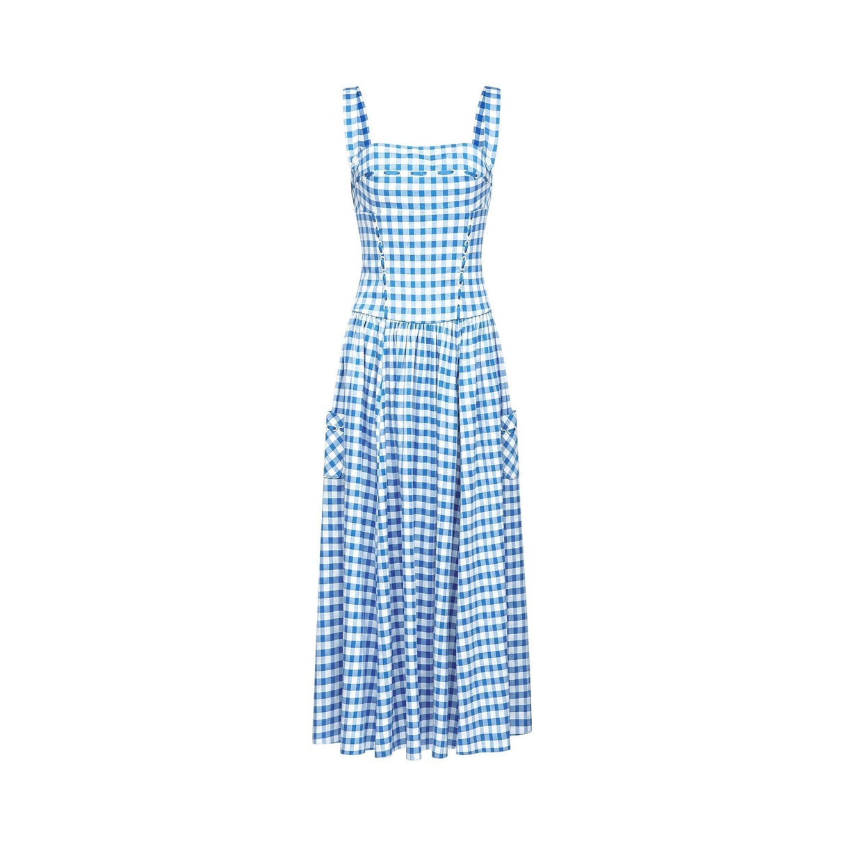 Ella Midi Dress - Square Neck - Gingham Print - Ribbon Detailing - Welt Pockets - Rear Zip