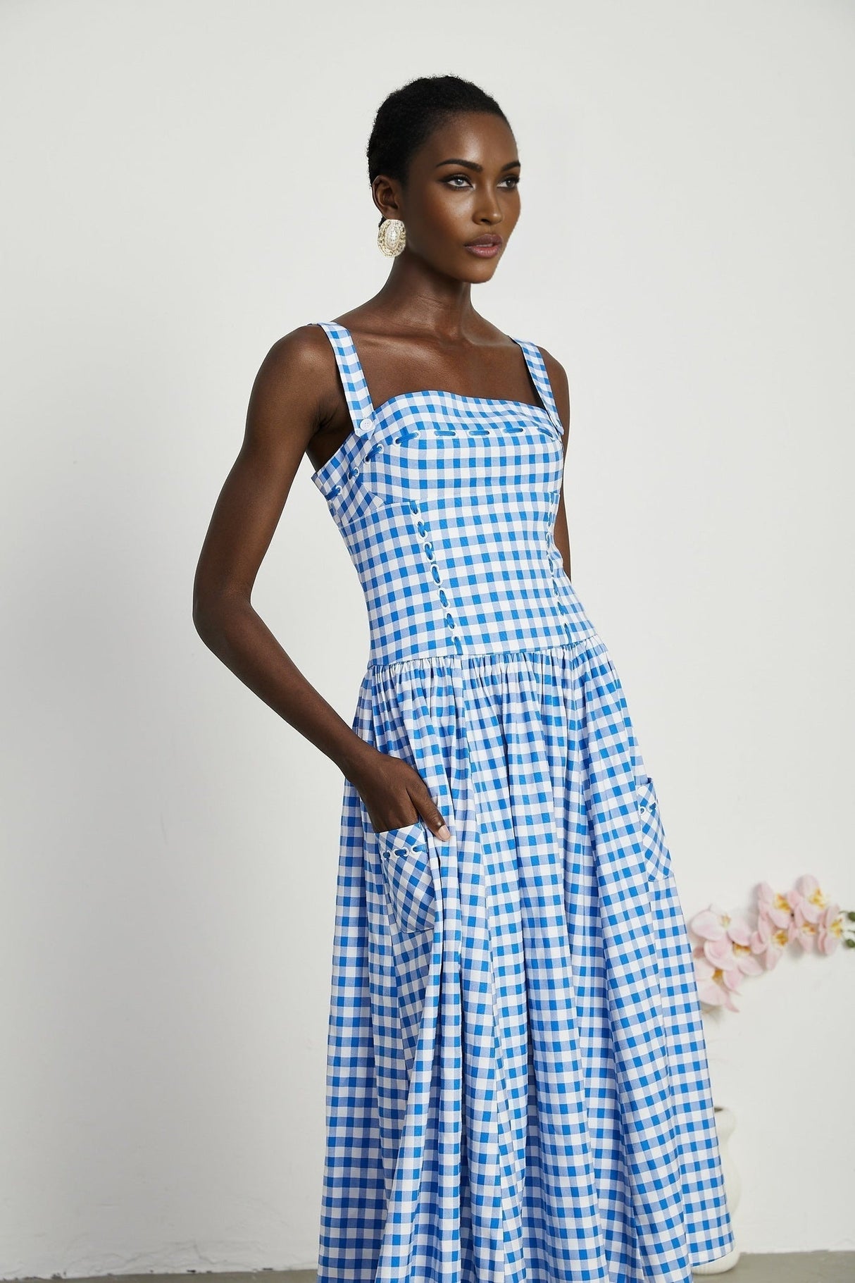 Ella Midi Dress - Square Neck - Gingham Print - Ribbon Detailing - Welt Pockets - Rear Zip