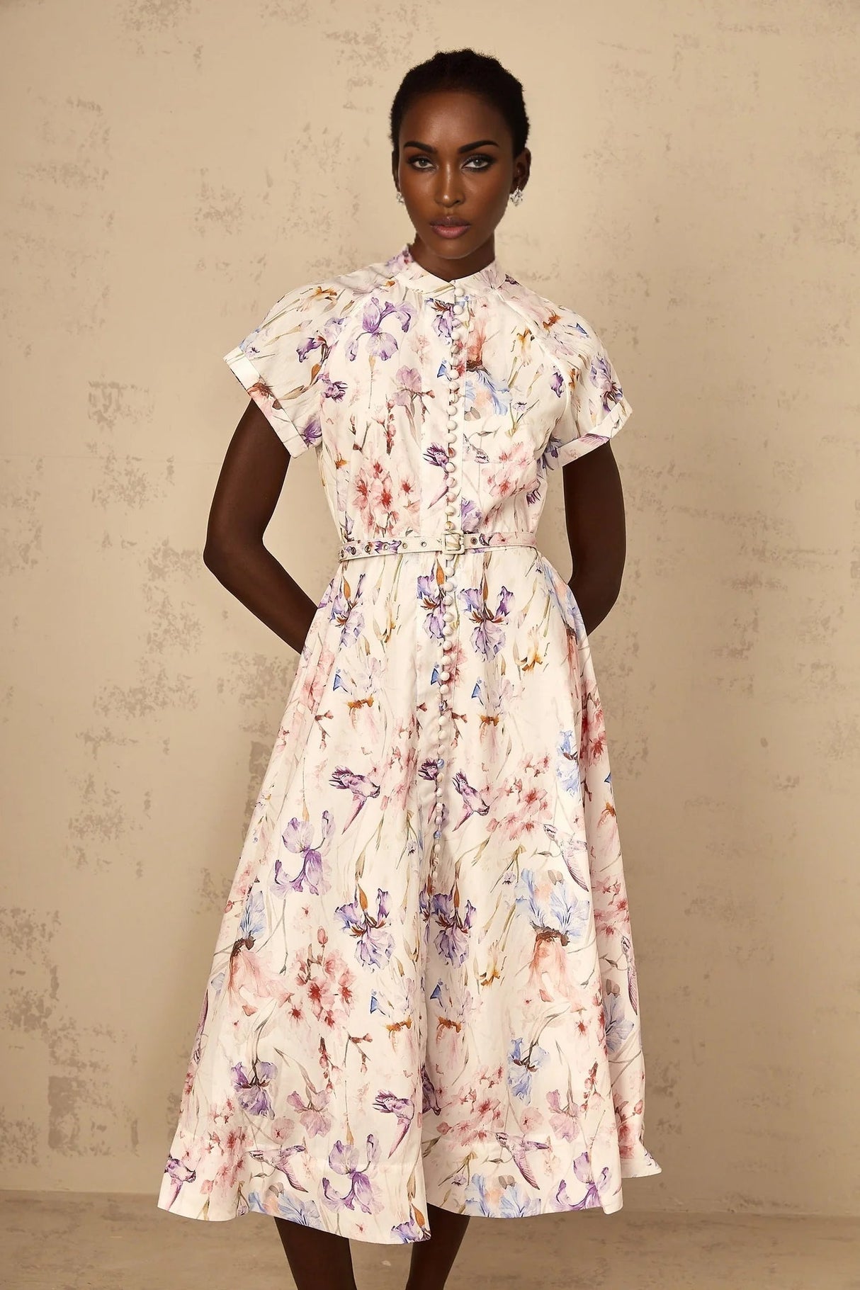 Ella Midi Dress White Floral Print Belted Slit Pockets & Buttons