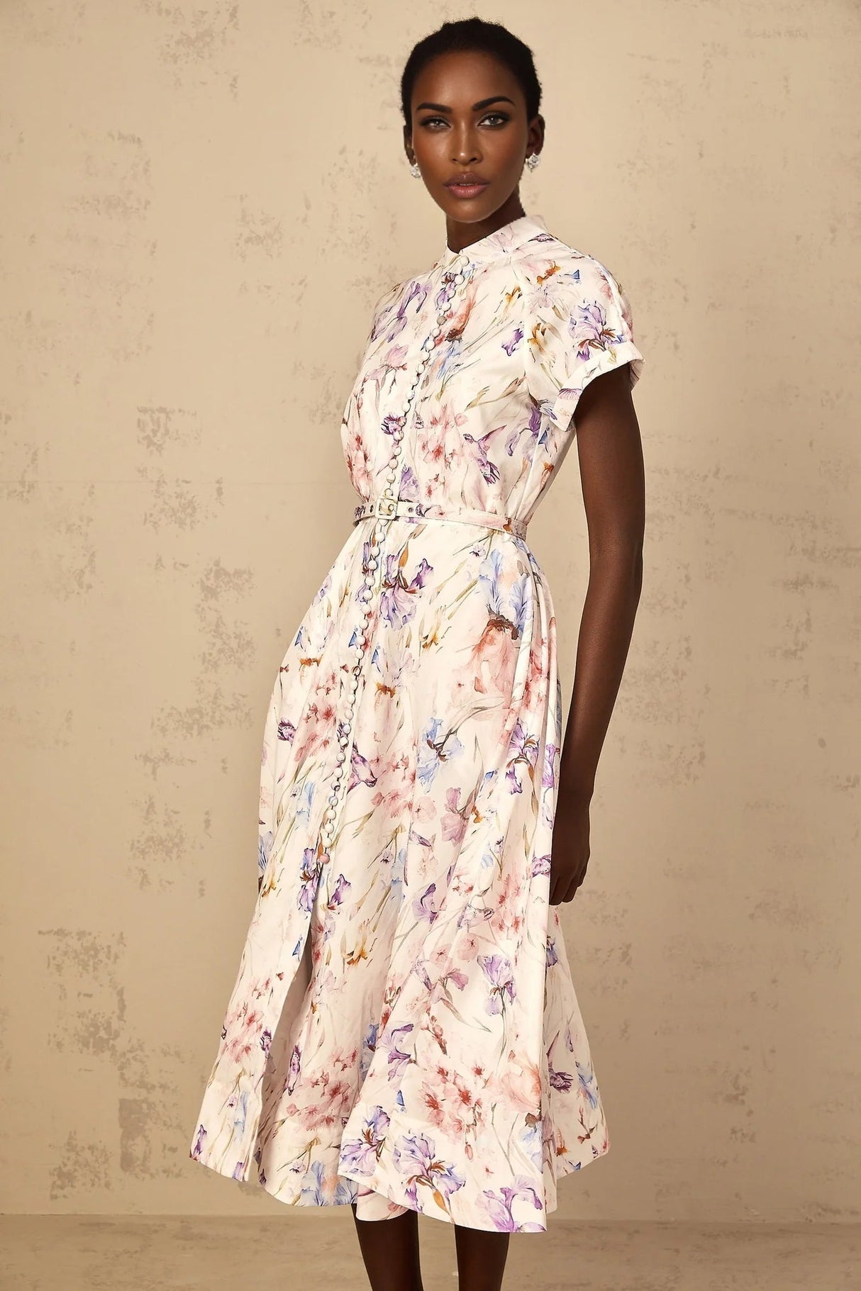Ella Midi Dress White Floral Print Belted Slit Pockets & Buttons
