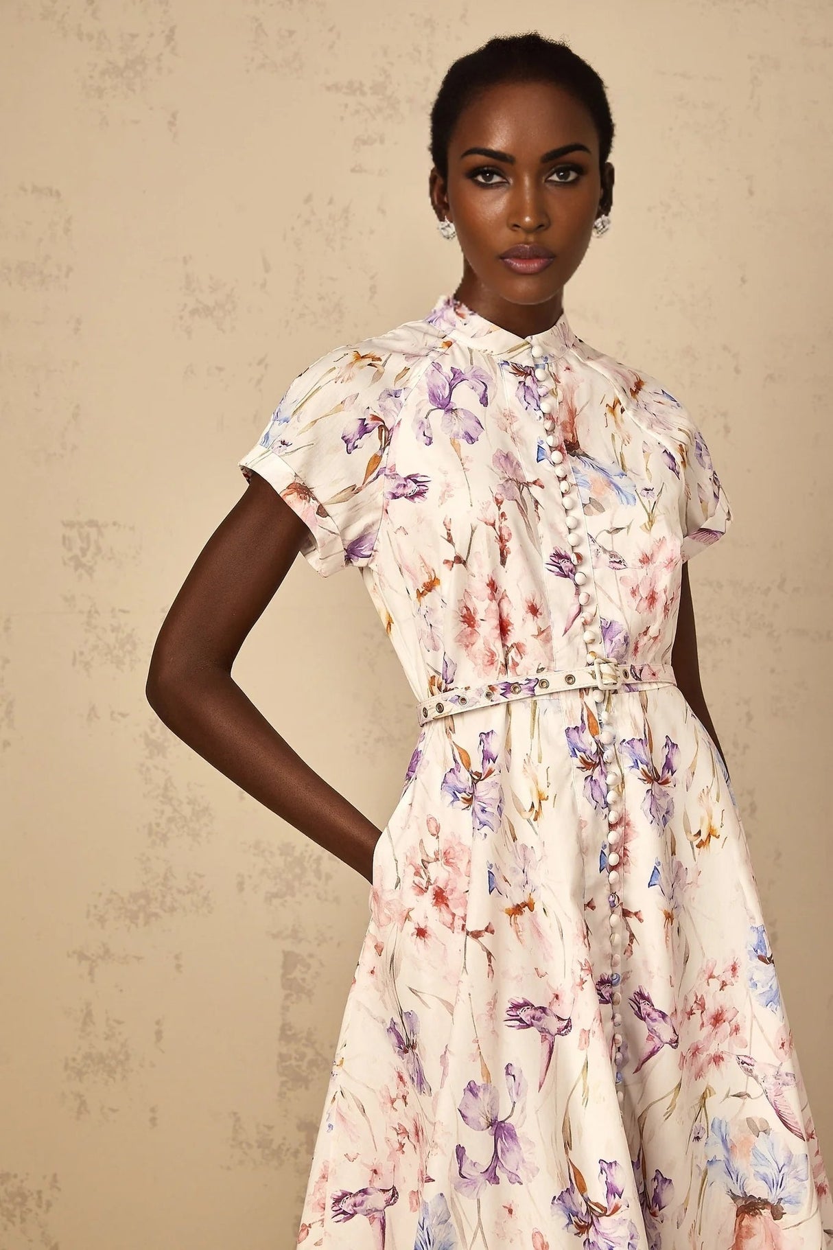 Ella Midi Dress White Floral Print Belted Slit Pockets & Buttons