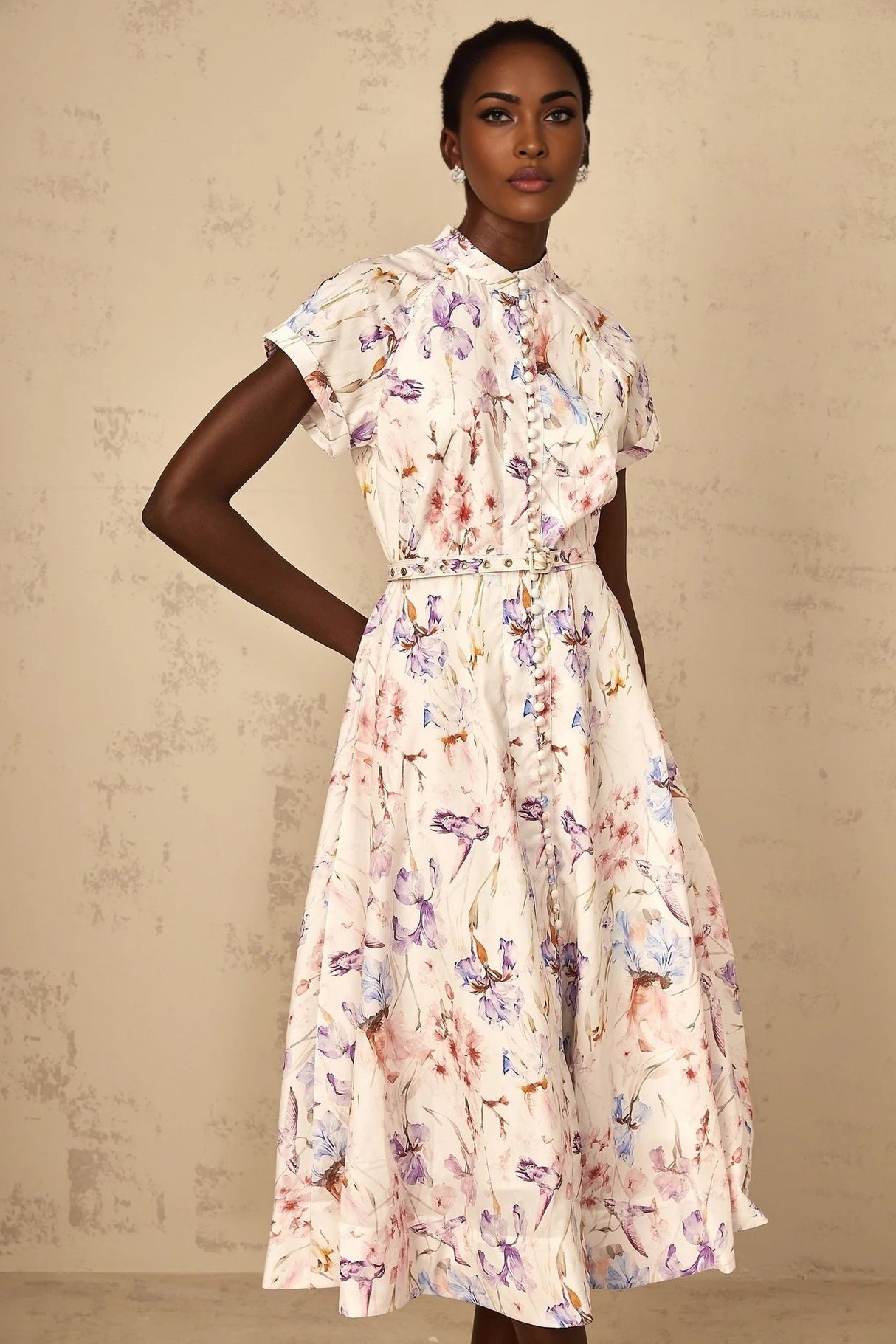 Ella Midi Dress White Floral Print Belted Slit Pockets & Buttons