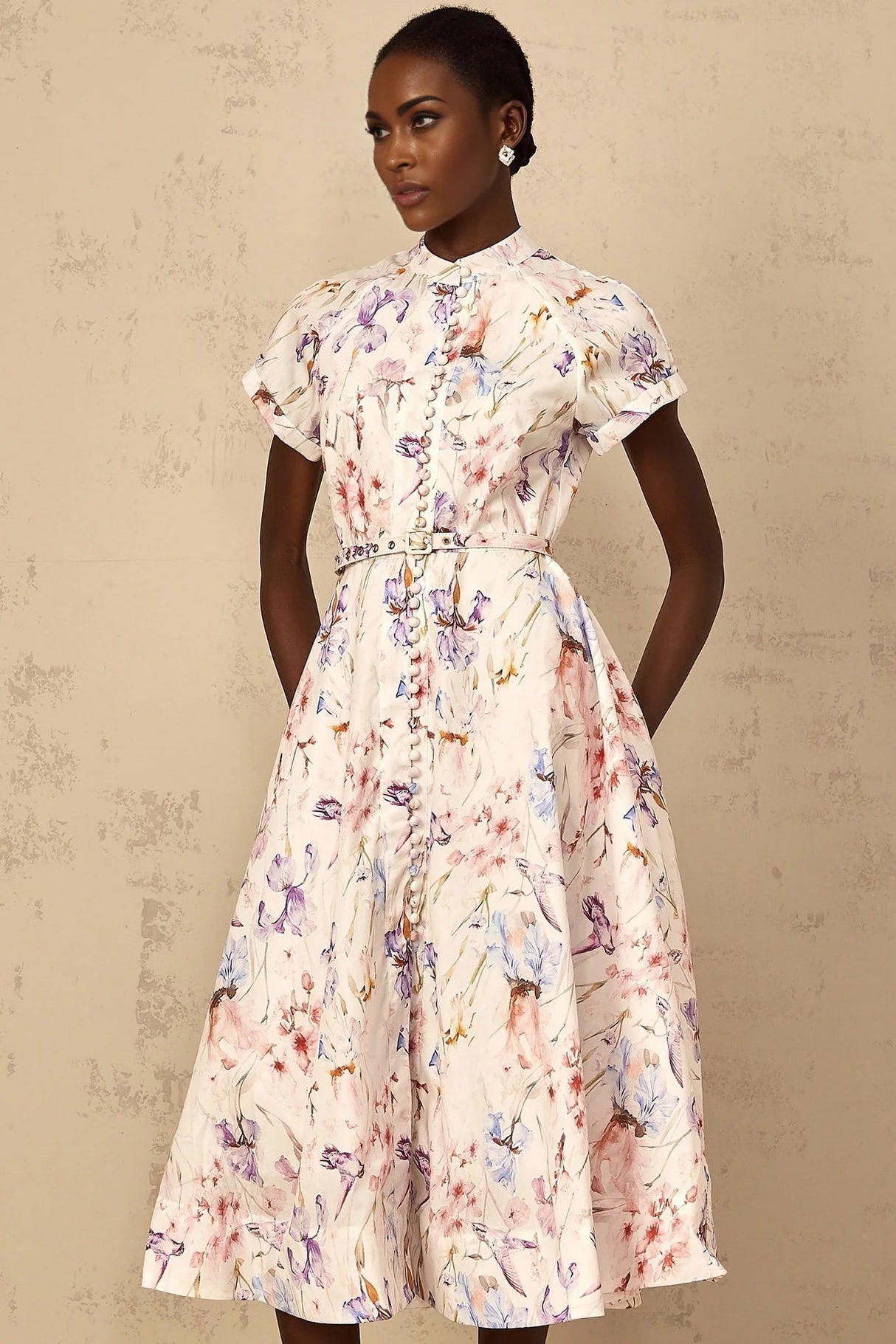 Ella Midi Dress White Floral Print Belted Slit Pockets & Buttons