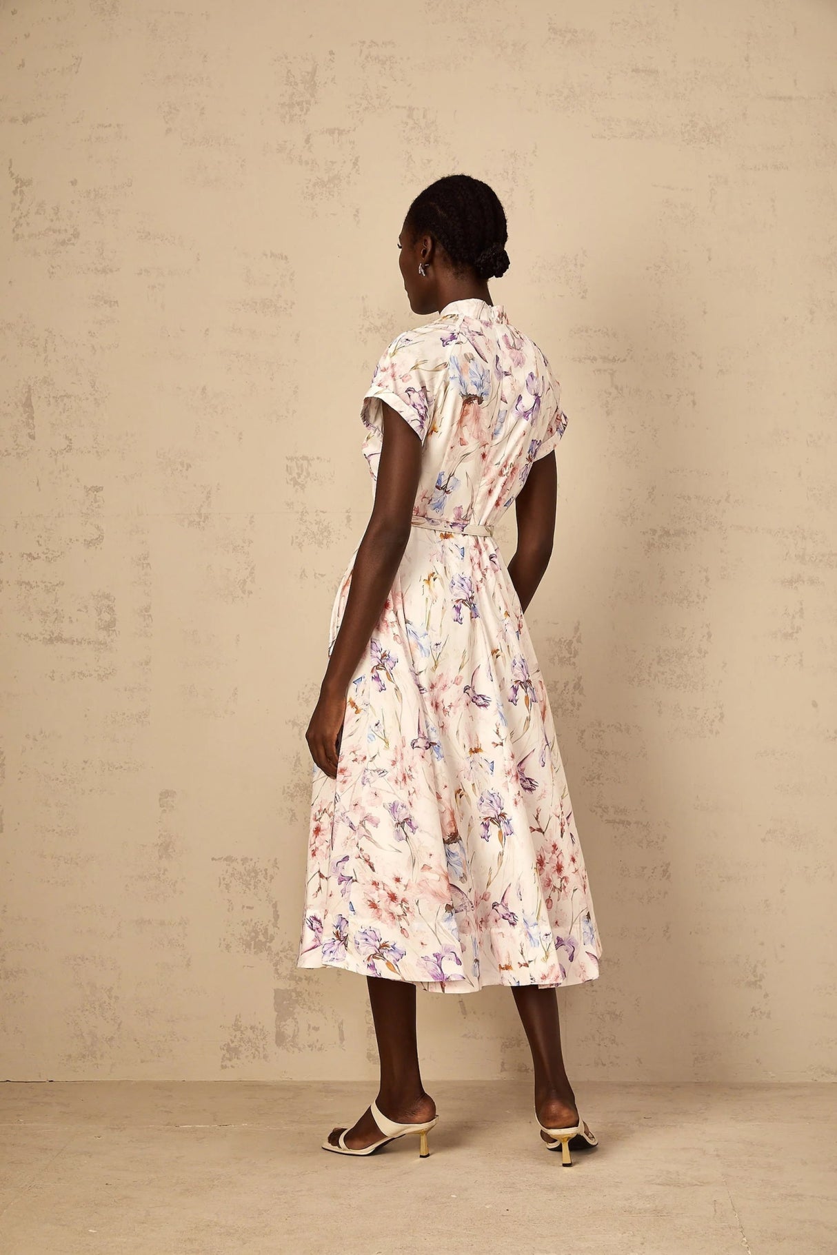 Ella Midi Dress White Floral Print Belted Slit Pockets & Buttons