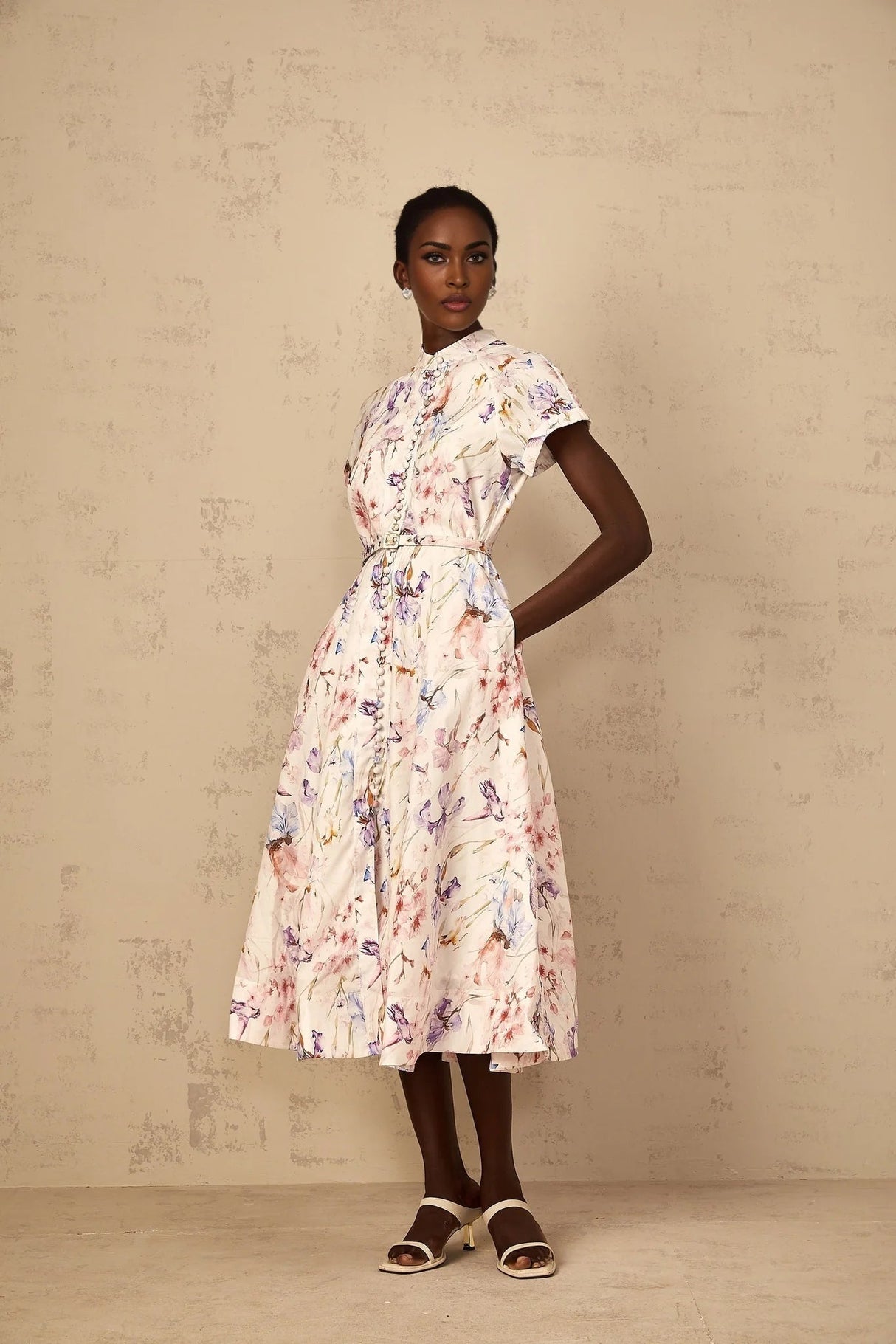 Ella Midi Dress White Floral Print Belted Slit Pockets & Buttons