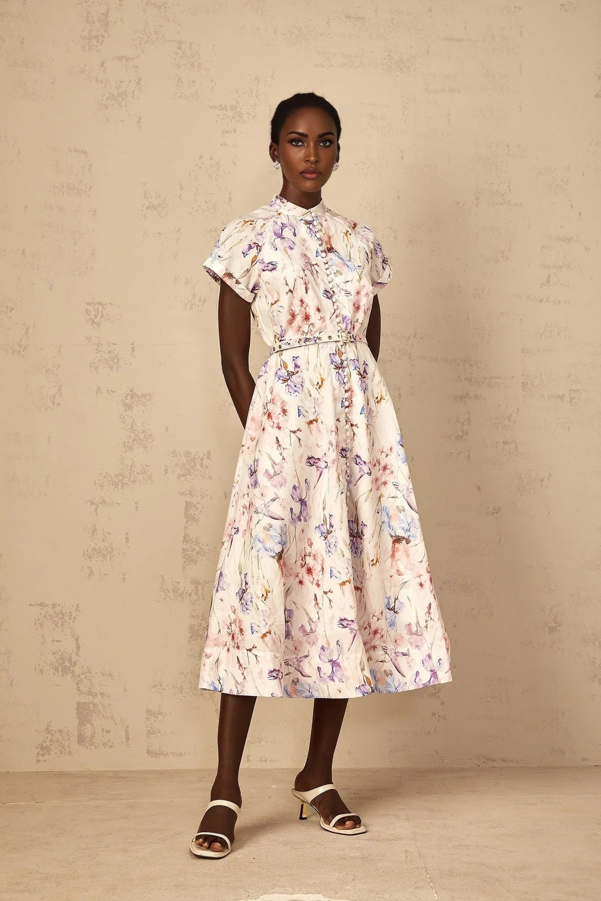Ella Midi Dress White Floral Print Belted Slit Pockets & Buttons