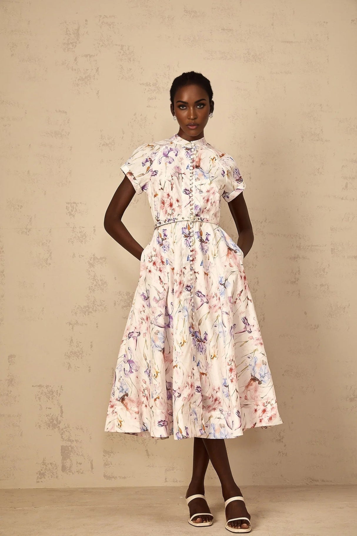 Ella Midi Dress White Floral Print Belted Slit Pockets & Buttons