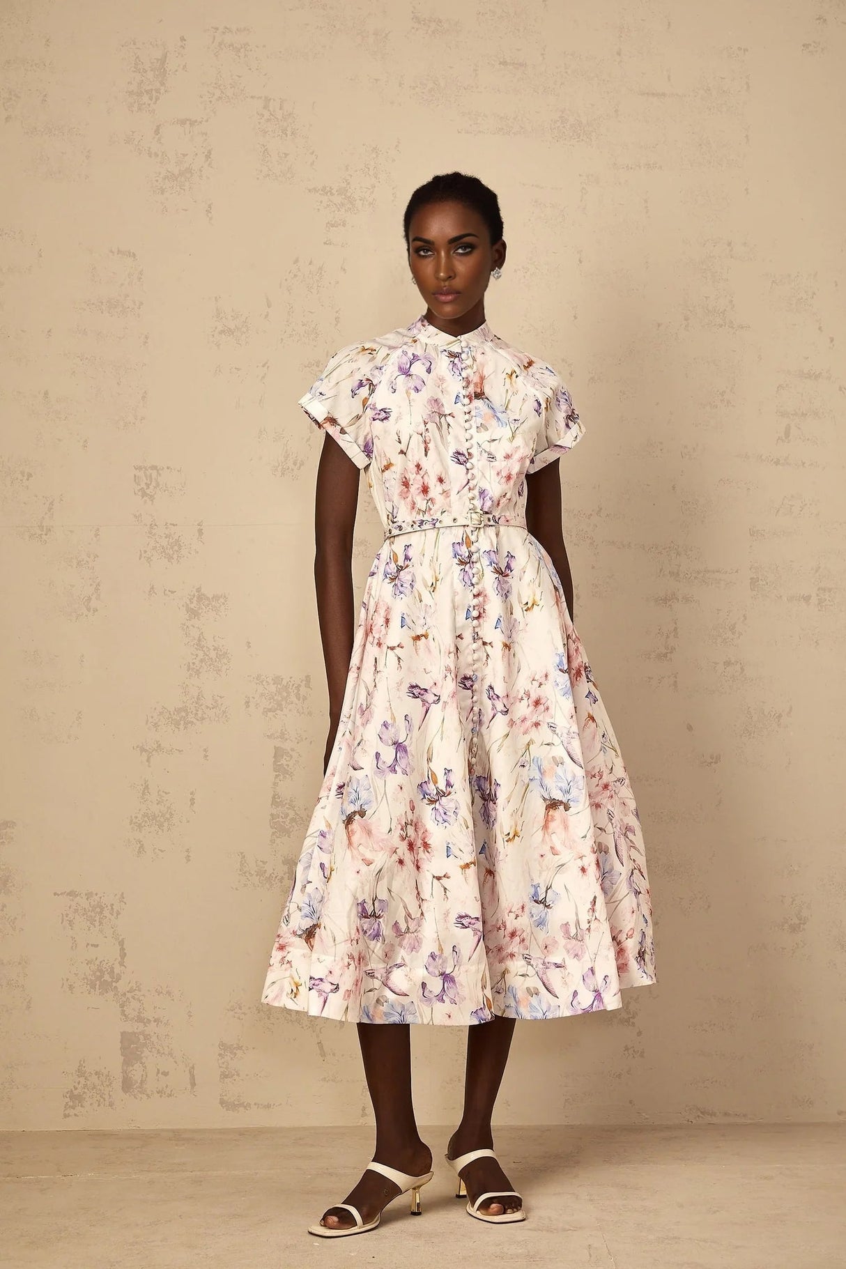 Ella Midi Dress White Floral Print Belted Slit Pockets & Buttons