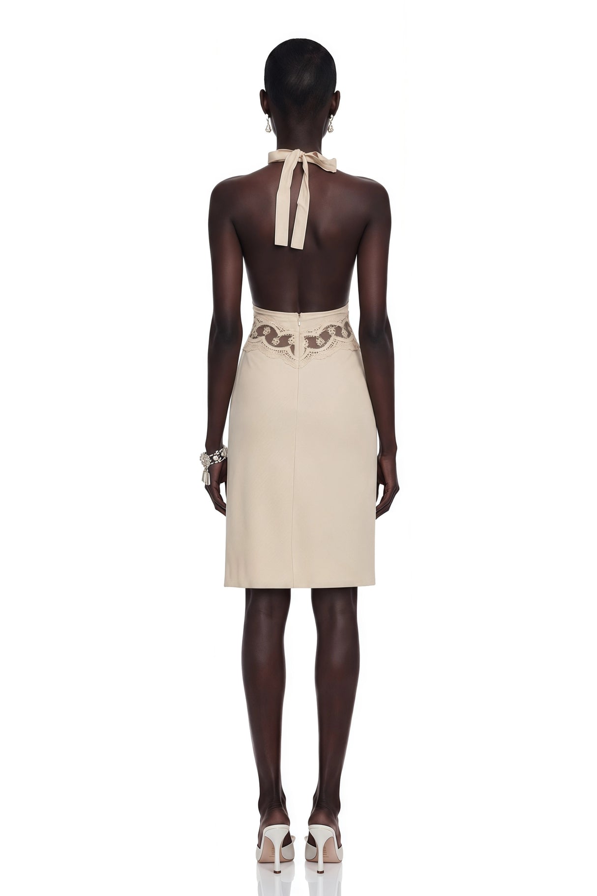 Ella Neutral Halterneck Lace Panel Mini Dress