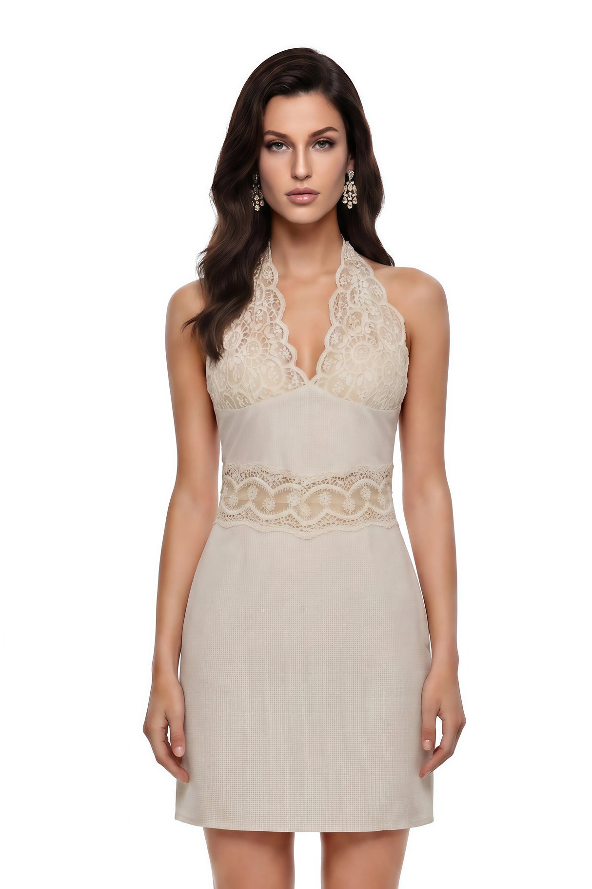 Ella Neutral Halterneck Lace Panel Mini Dress
