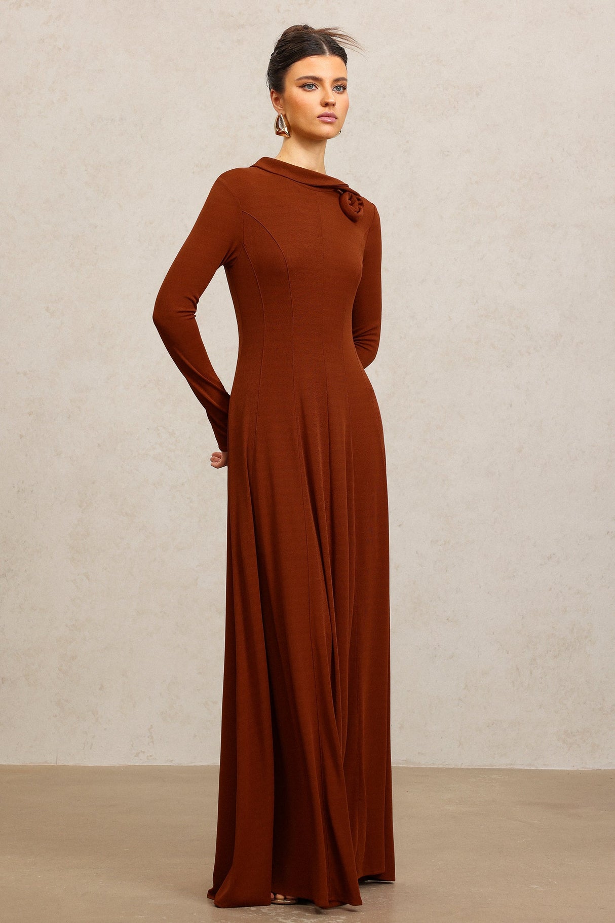 Ellie Brown Long Sleeve Maxi Dress with Floral Embellishment