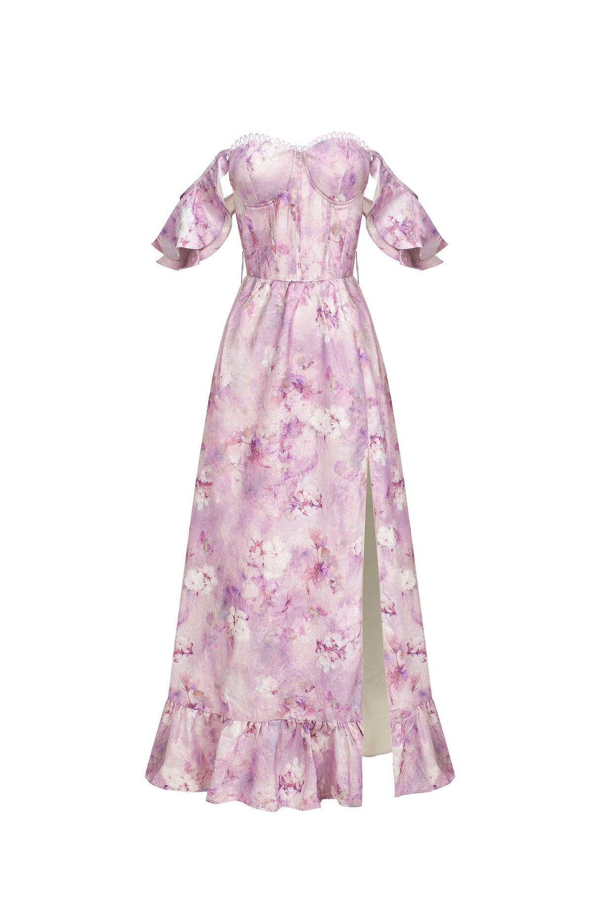 Ellie Lavender Floral Maxi Dress with Strappy Design and Ruffles for Formal Events and Casual Outings
