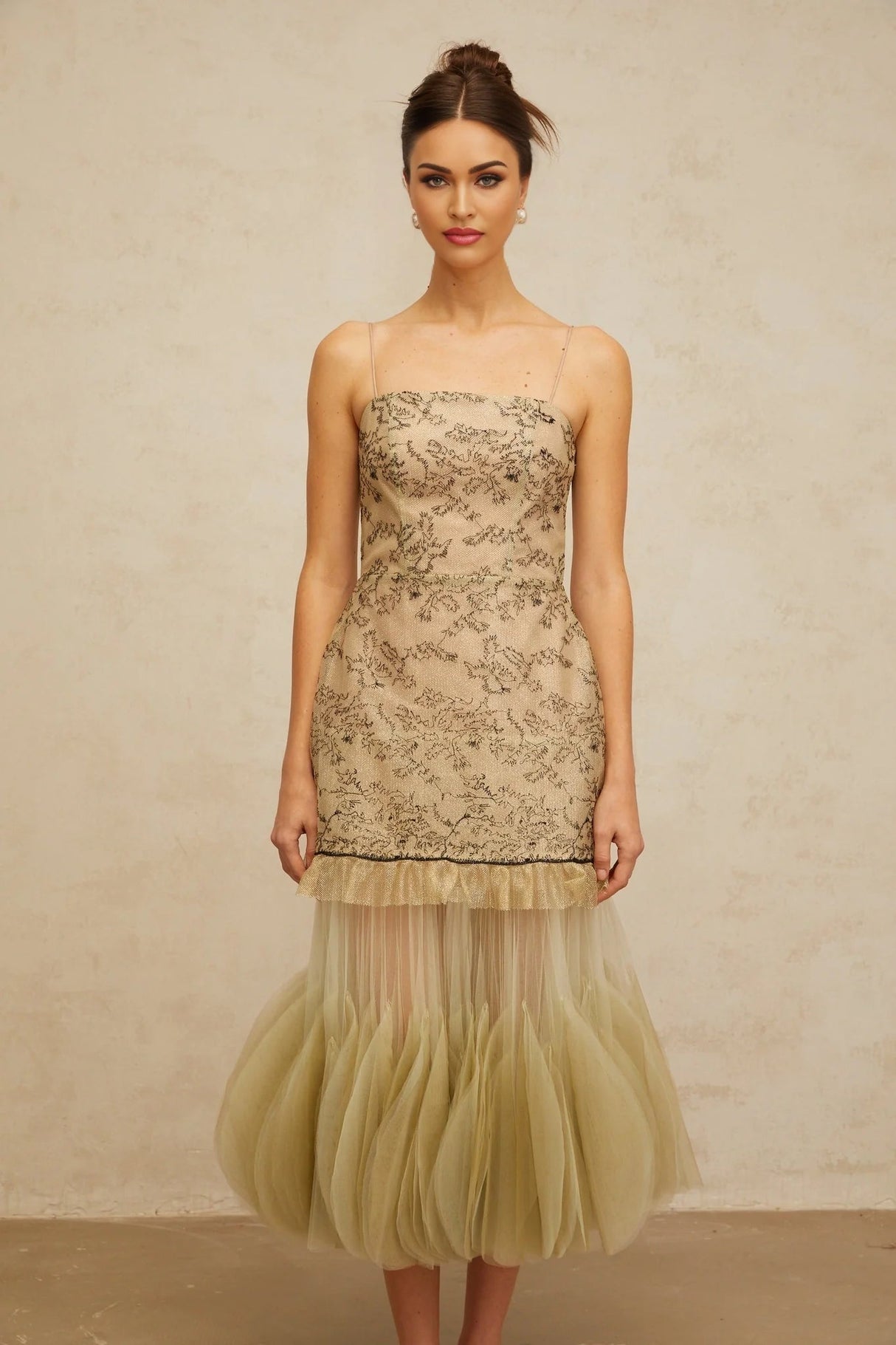 Ellie Midi Dress Green Embroidered Panels & Tulle Ruffles