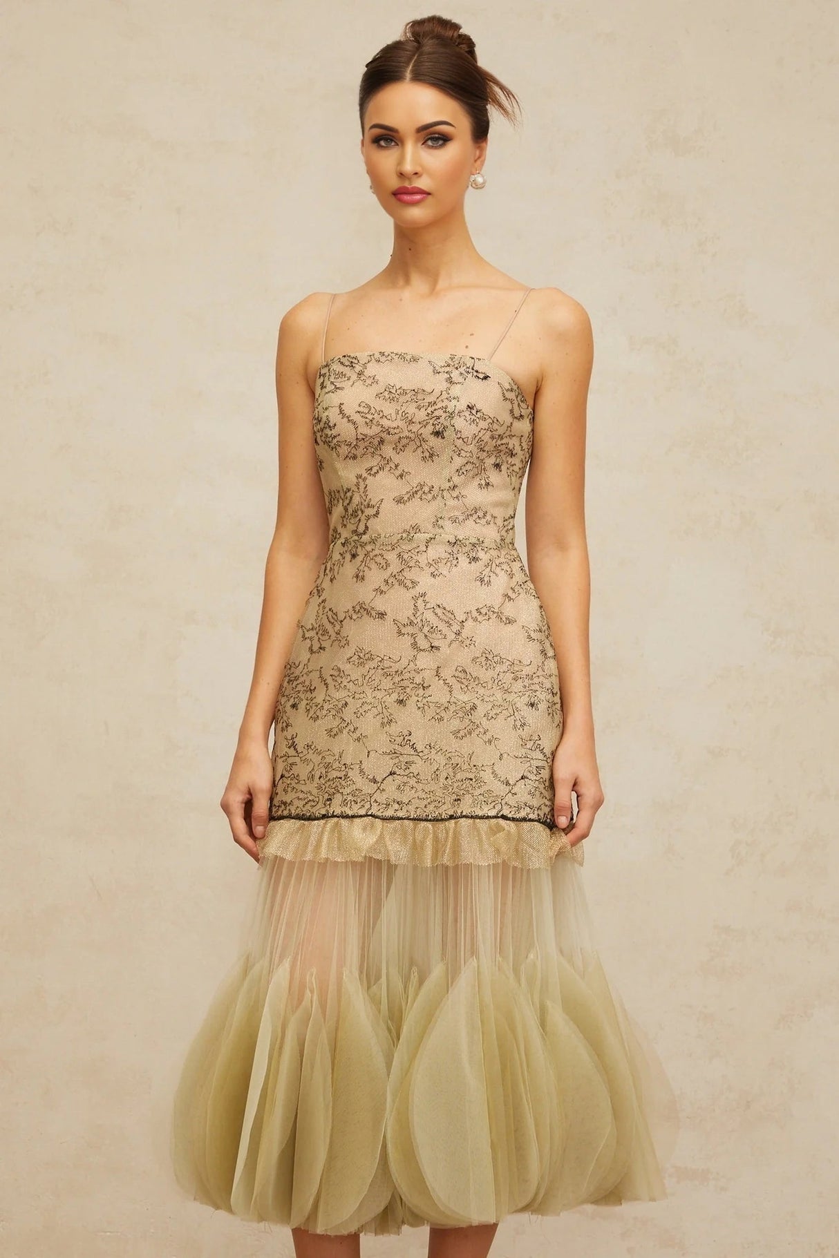 Ellie Midi Dress Green Embroidered Panels & Tulle Ruffles