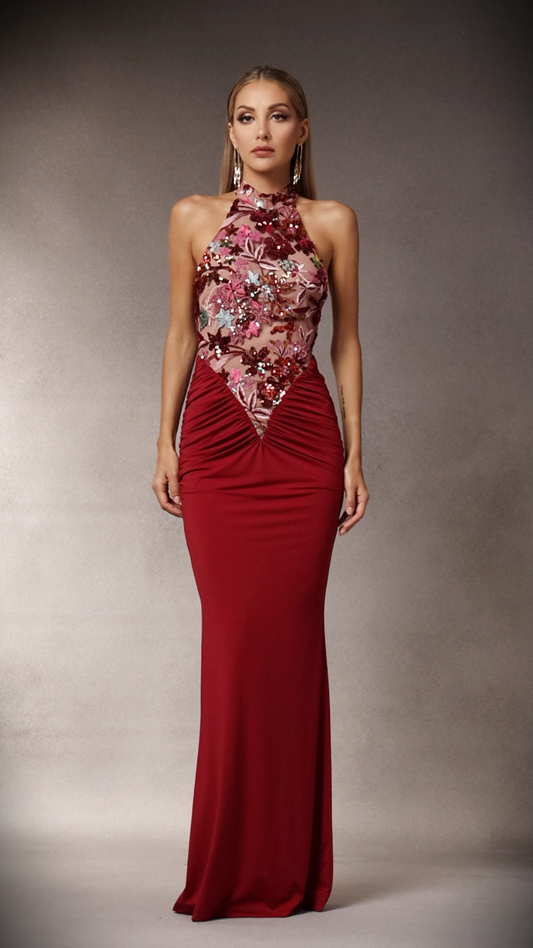 Ellie Red Floral Sequins Halter Maxi Dress