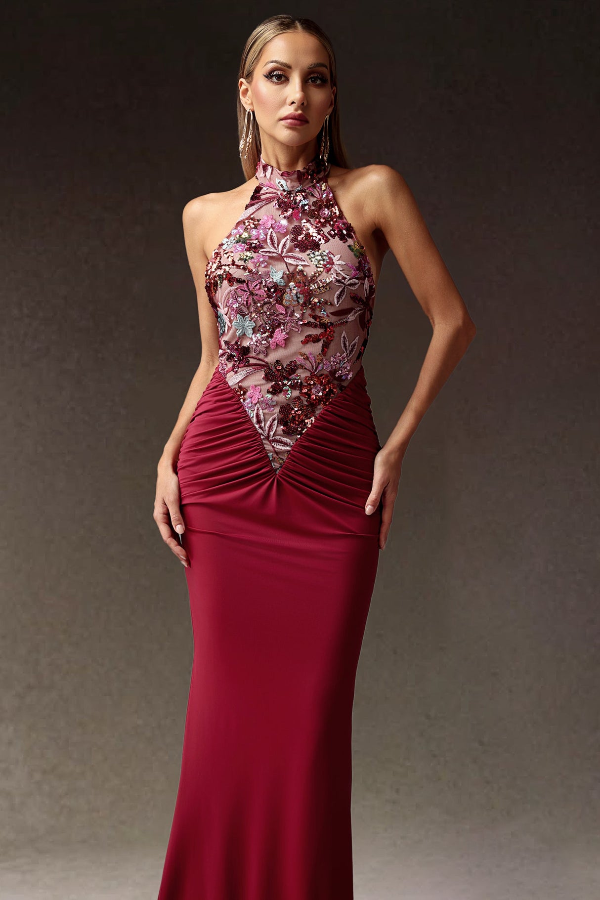 Ellie Red Floral Sequins Maxi Dress