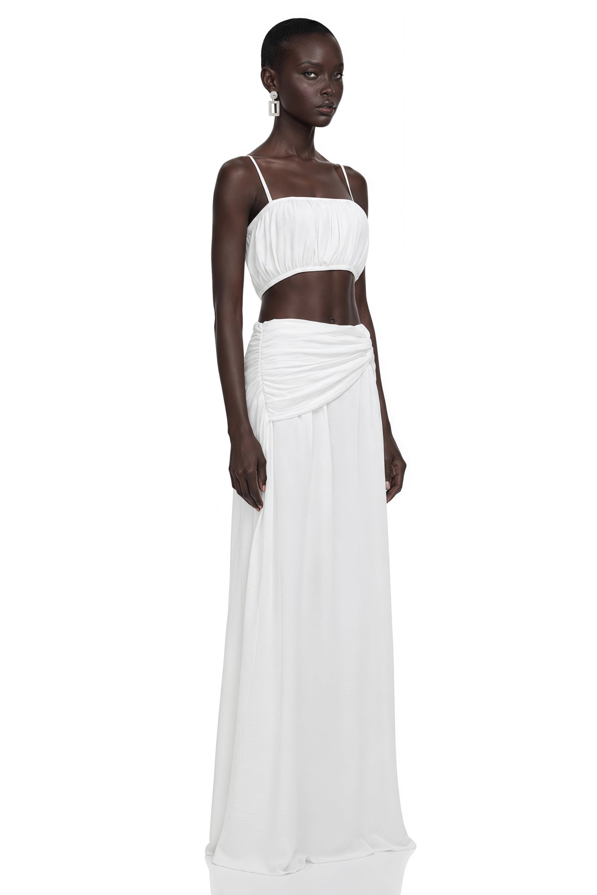 Elodie White Ruched Crop Top Draped Skirt Set