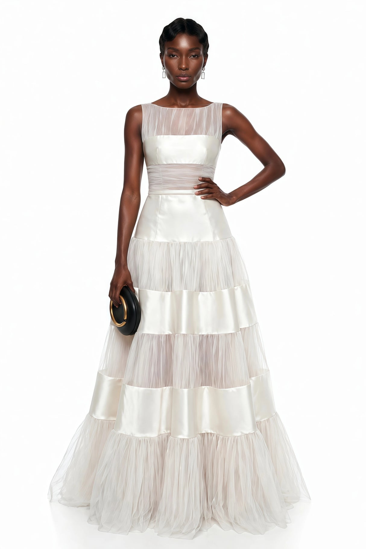 Eloise White Mesh Panel Maxi Dress with Satin Stripes