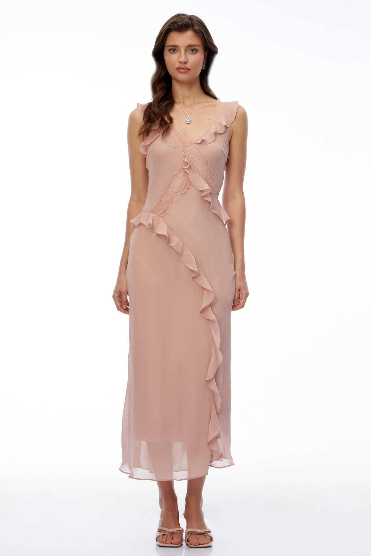 Elowen Dusty Pink VNeck Ruffled Maxi Dress