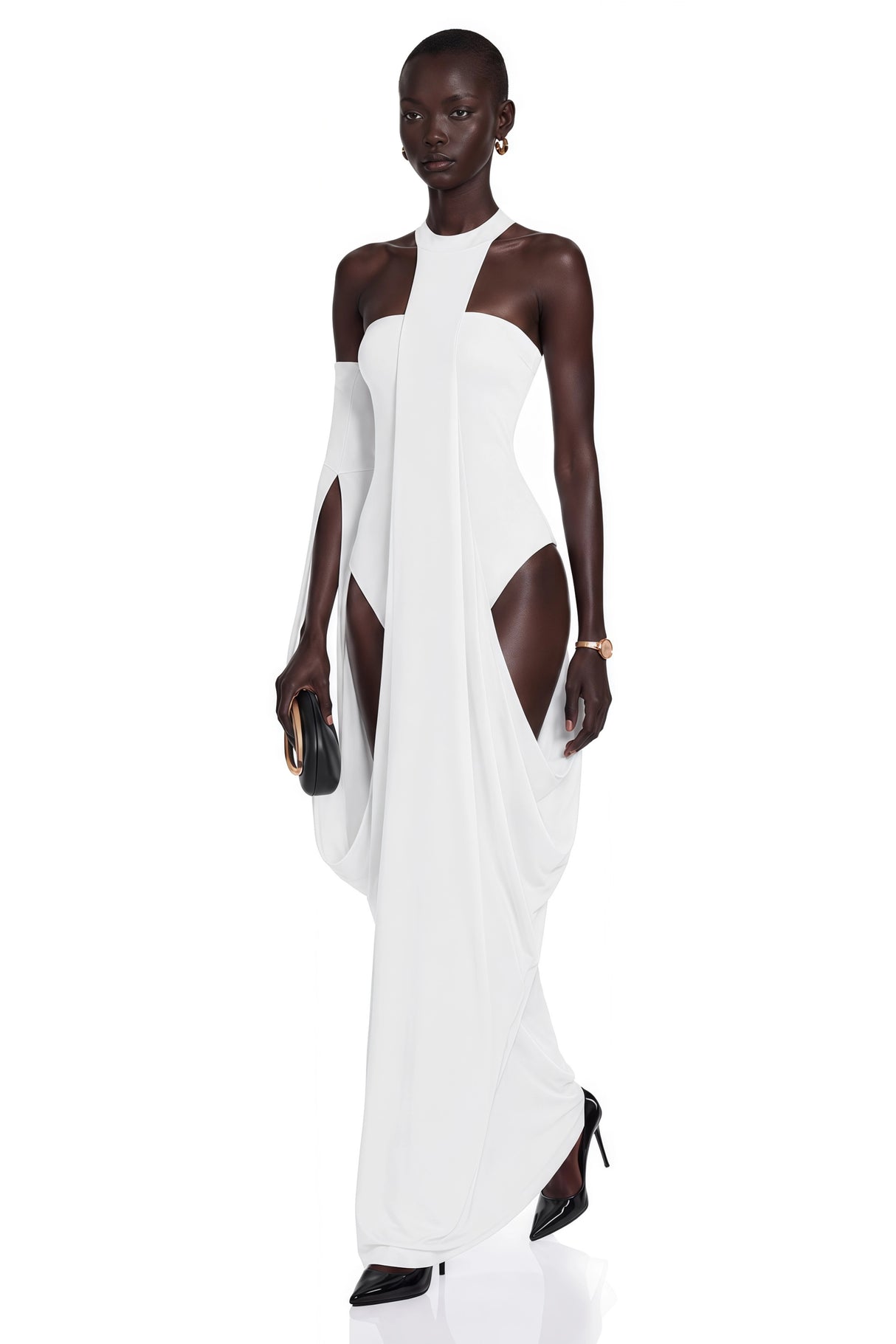 Elowen White Halter Neck Draped Maxi Dress